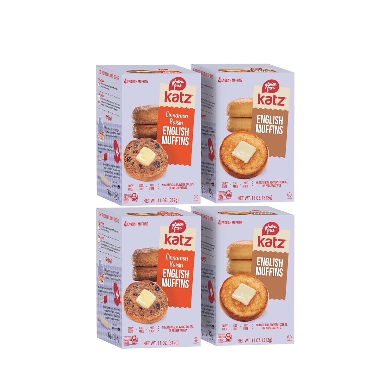 Katz Gluten Free English Muffin Vegan Variety Pack | 2 x Plain, 2 x Cinnamon Raisin | Dairy, Nut and Gluten Free | Kosher (4 Muffins per Pack)