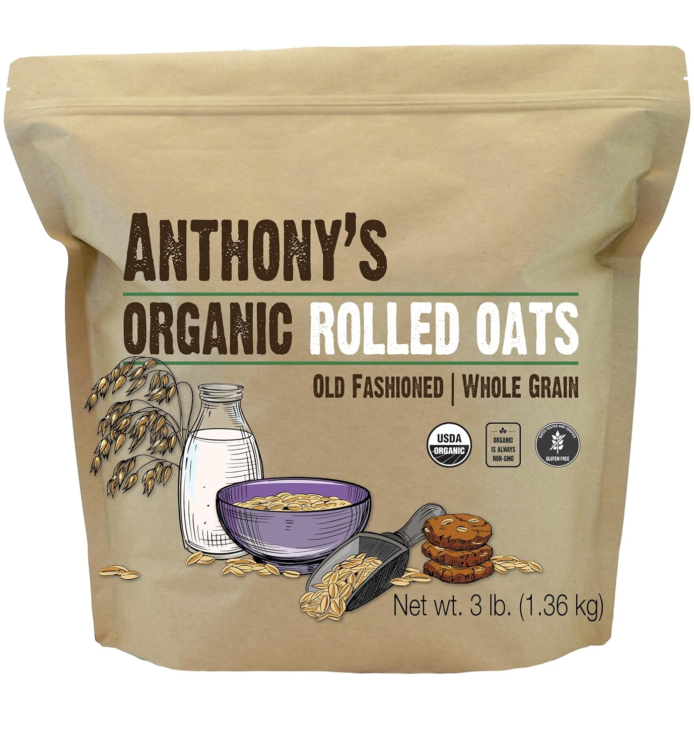 Anthony's Organic Rolled Oats, 3 lb, Gluten Free, Non GMO, Old Fashioned, Whole Grain