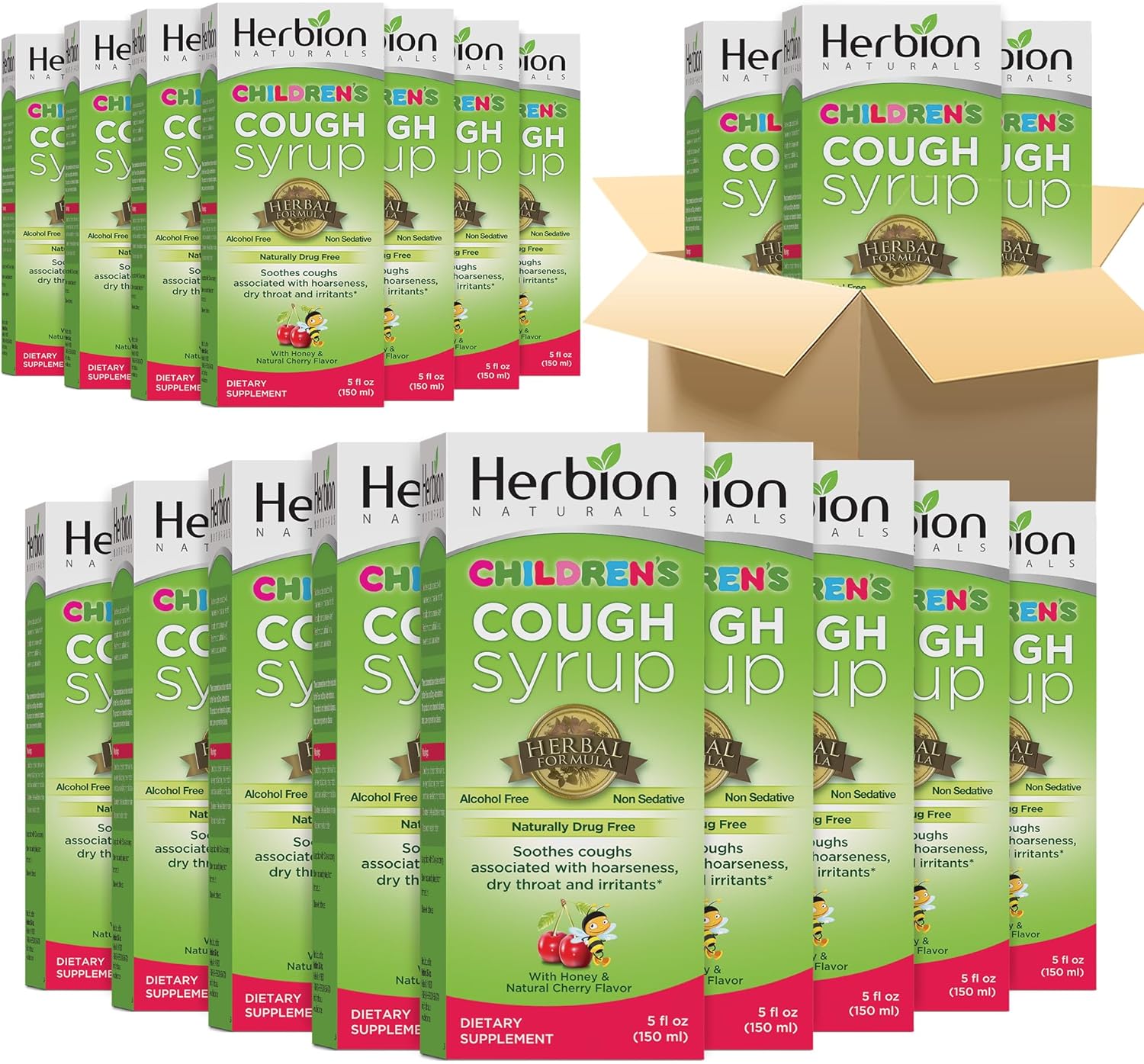 Herbion Naturals Sugar Free Cough Syrup with Stevia, 5 FL Oz (Pack of 24) - Helps Relieve Cough and Soothes Sore Throat, Naturally Promotes Healthy Bronchial and Lung Function.
