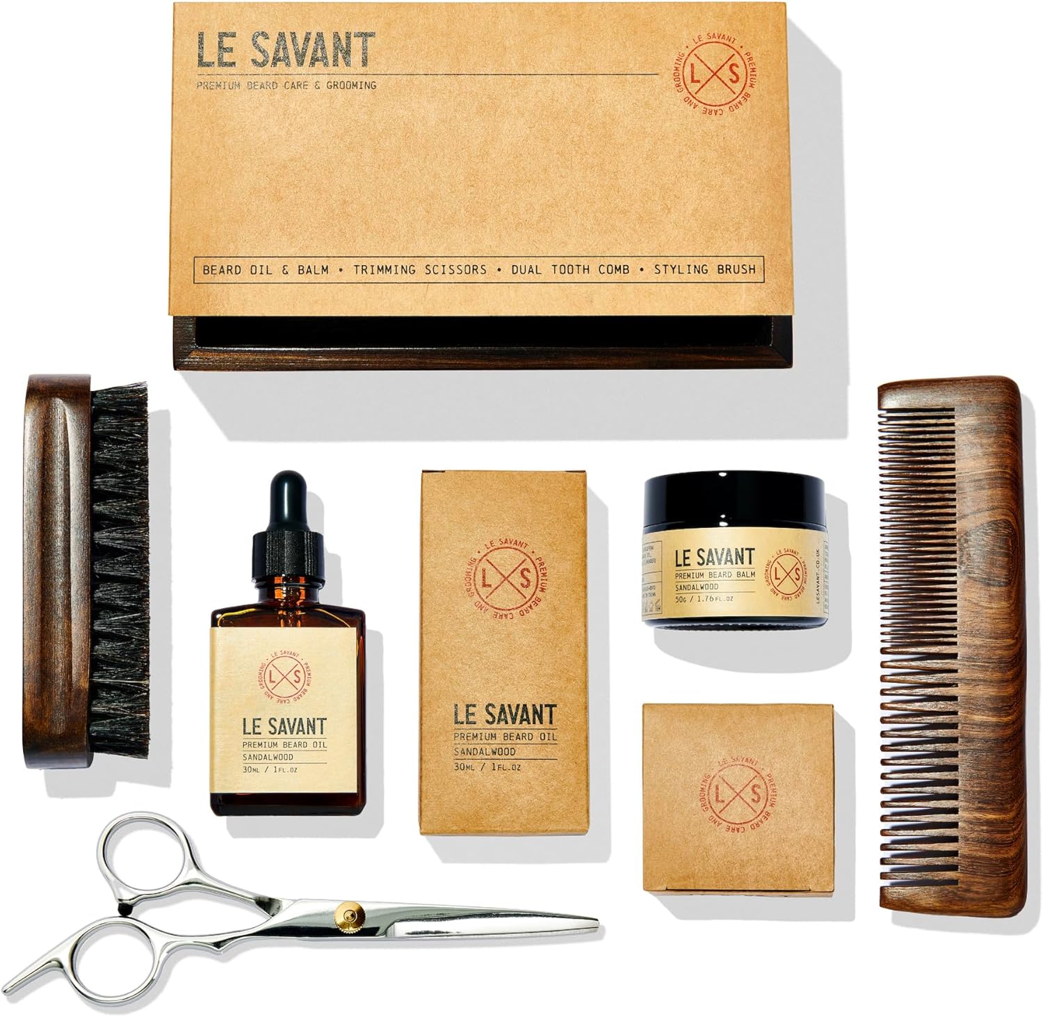 Le Savant Beard Grooming Kit - Premium Beard Oil, Beard Balm, Sandalwood Comb, Styling Brush & Stainless Steel Scissors - Sandalwood Scent - Wooden Gift Box.
