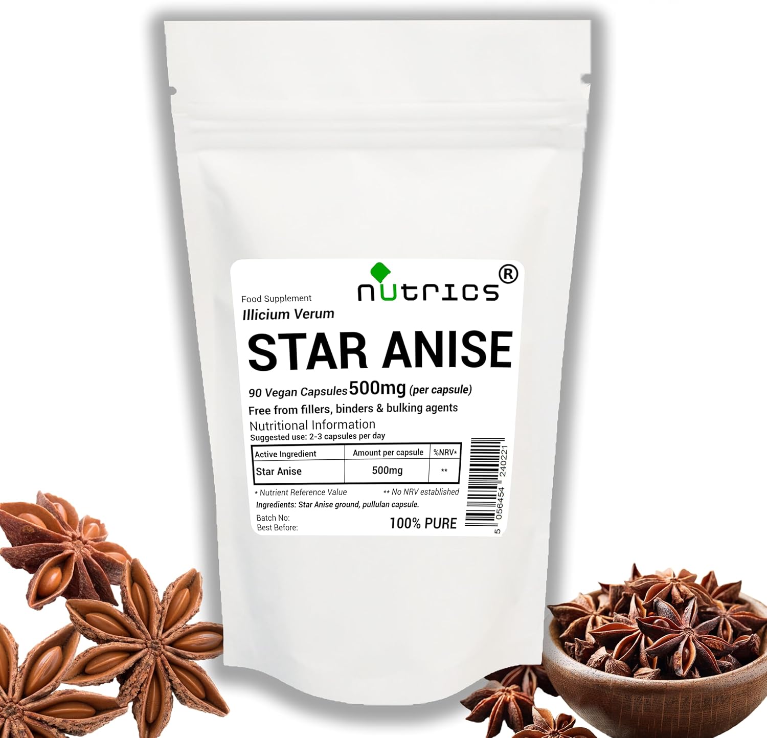 Star Anise 500mg x 90 V Capsules - 100% Pure - Free from fillers, Binders & Bulking Agents - Vegan Vegetarian