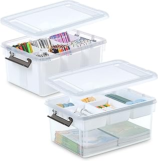 Citylife 17 QT Plastic Storage Box with Removable Tray and 6 Detachable Tall Inserts Craft Organizers and Storage Clear Storage Container for Organizing Crayon, Craft, Sewing, Playdoh