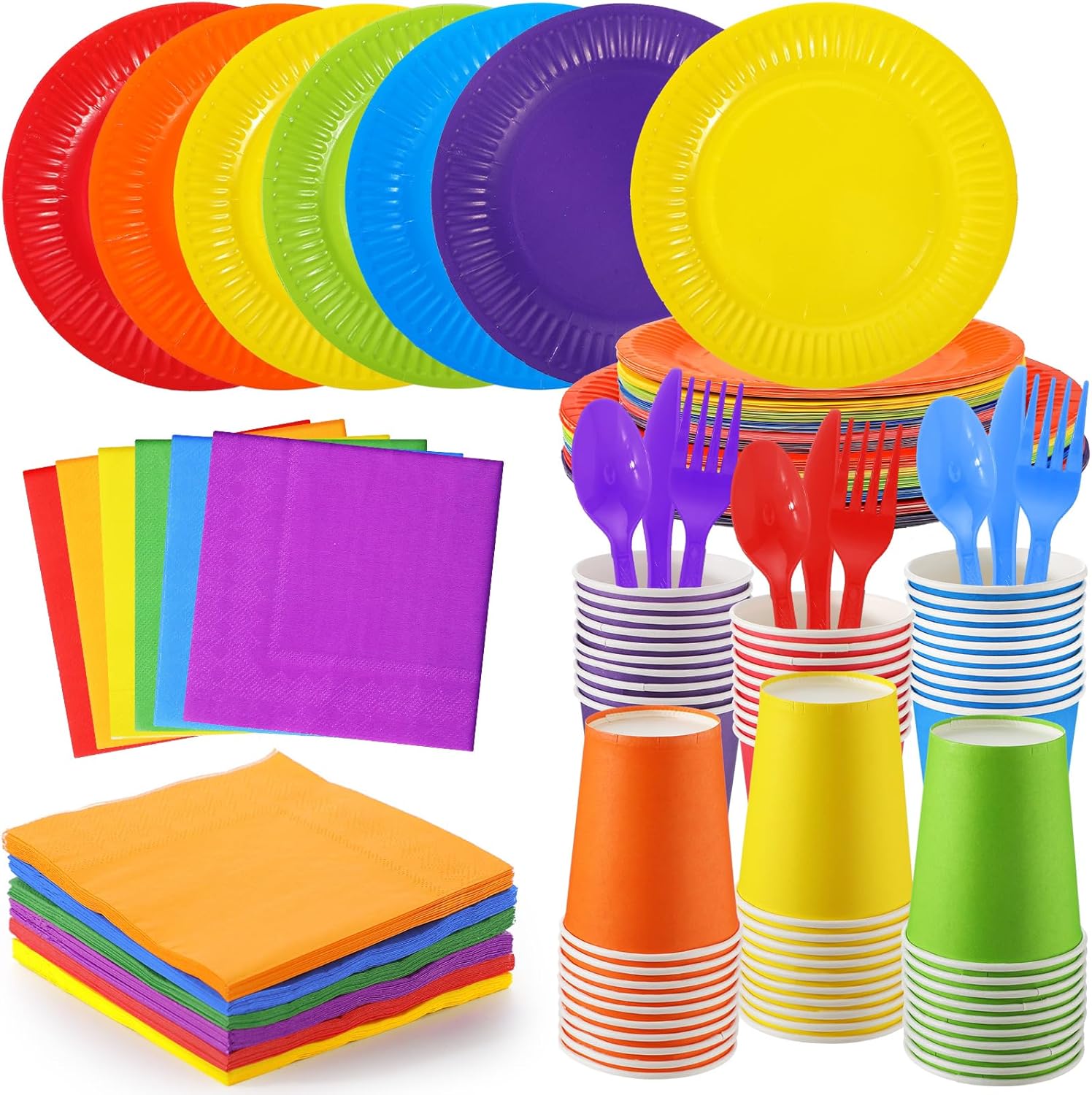 Inbagi 420 Pieces Rainbow Party Decorations Include 7" and 9" Colorful Paper Plates Colored Napkins Cups Spoons Forks Knives Complete Pack for Fiesta Neon Birthday Party Supplies
