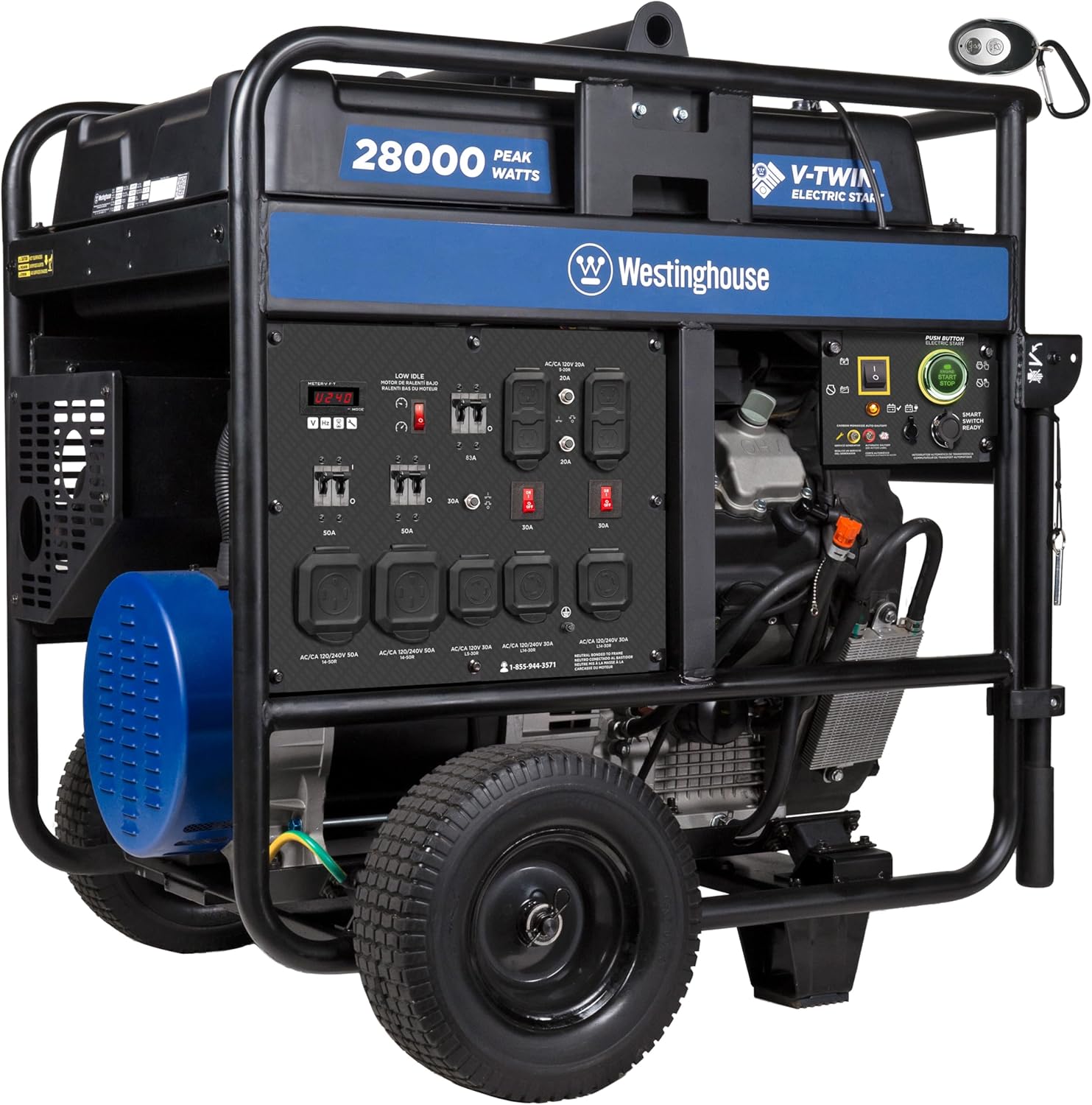 Westinghouse 28000 Peak Watt Home Backup Portable Generator, Remote Electric Start with Auto Choke, Transfer Switch Ready 30A & 50A Outlets, Gas Powered, CO Sensor,Blue