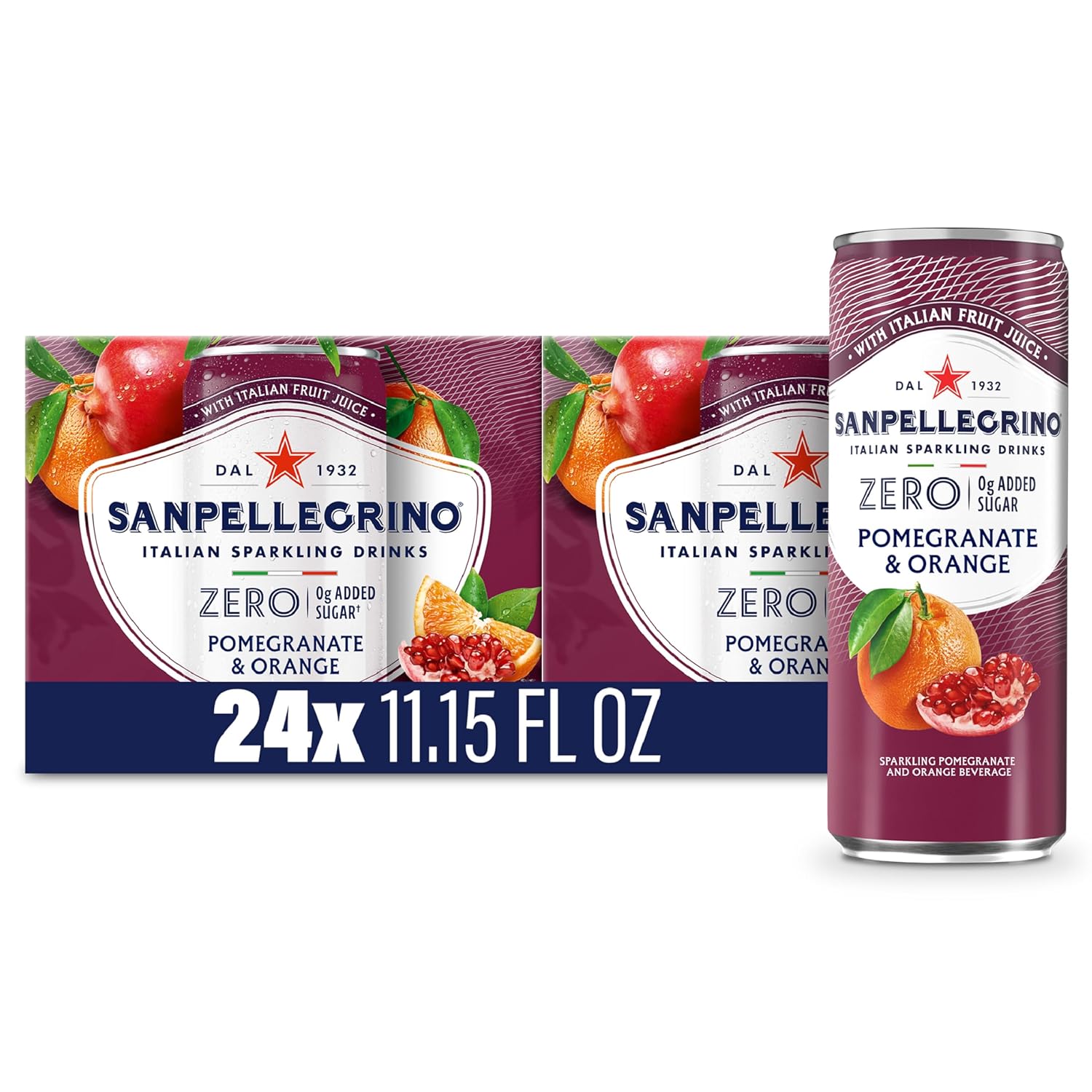 Sanpellegrino Zero Grams Added Sugar Pomegranate & Orange Italian Sparkling Drink, 24 Pack Of 11.15 Fl Oz Cans, Sanpellegrino Italian Sparkling Drinks, Low-Calorie Fruit Juice Beverages