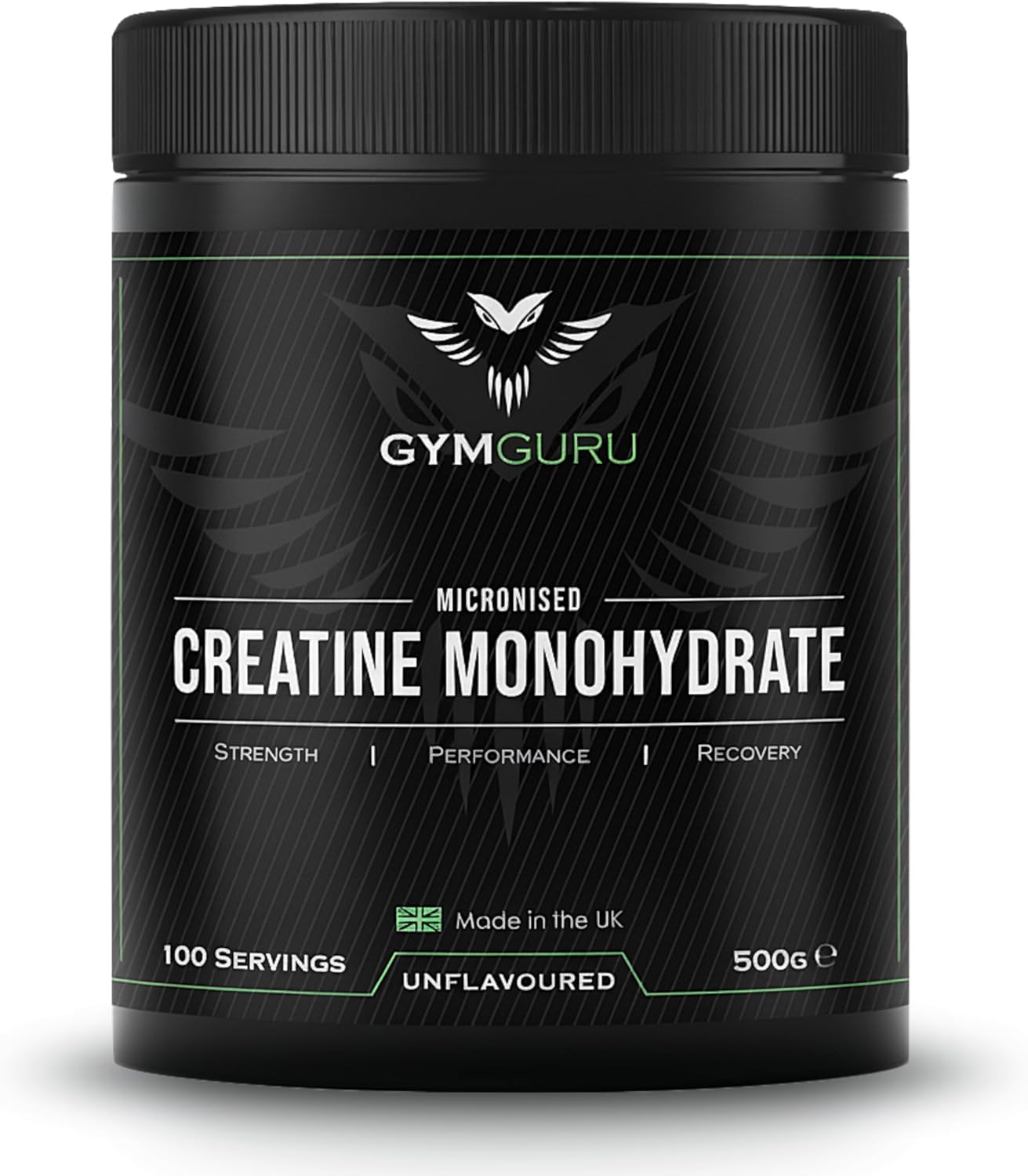 Gym Guru® Creatine Monohydrate Powder (UK Made), 500g, Unflavoured, Micronized - 5g Creatine Powder Per Serving (5000mg) - Vegan, Gluten Free - Increase Muscular Physical Performance
