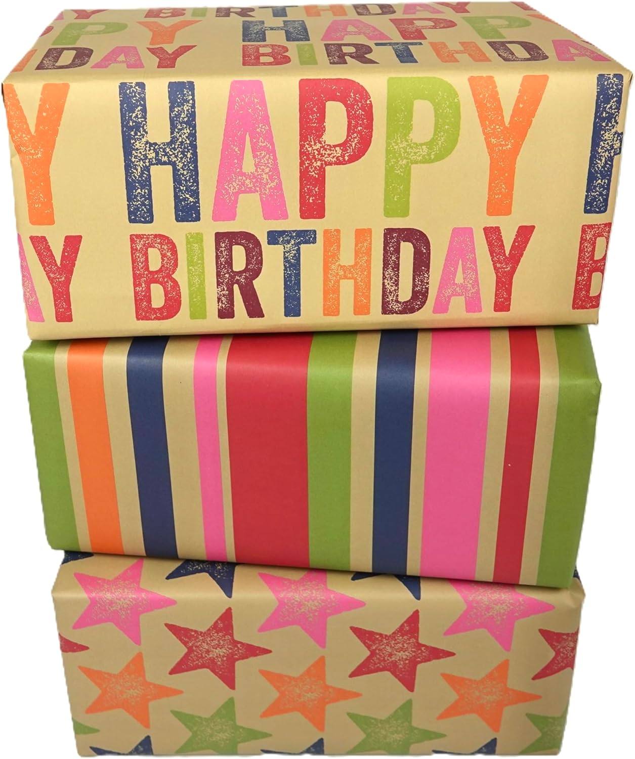 WRAPT Eco Birthday Wrapping Paper Large Quality Thick 50x70cm Present Sheets - UK Made - Recyclable Bright Scandi Gift Wrap (Buff Birthday/Star/Stripe, 6 sheets)