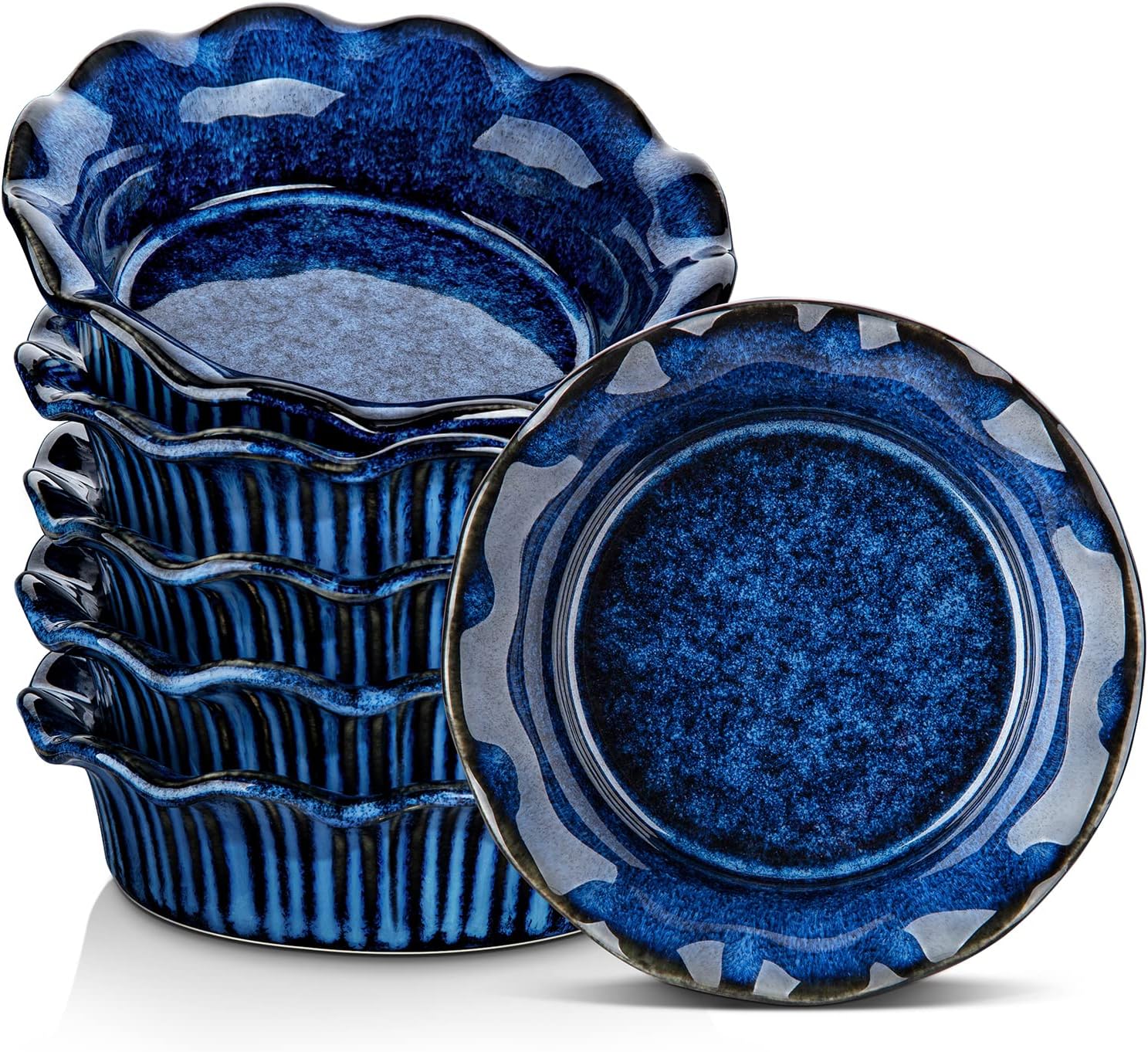 vancasso Ceramic Pie Dishes Set of 6, 13.3cm Individual Tart Tins for Oven and Baking, Small Pie Tin with Corrugated Edge, Easy to Clean, Dishwasher & Microwave & Oven Safe, Blue