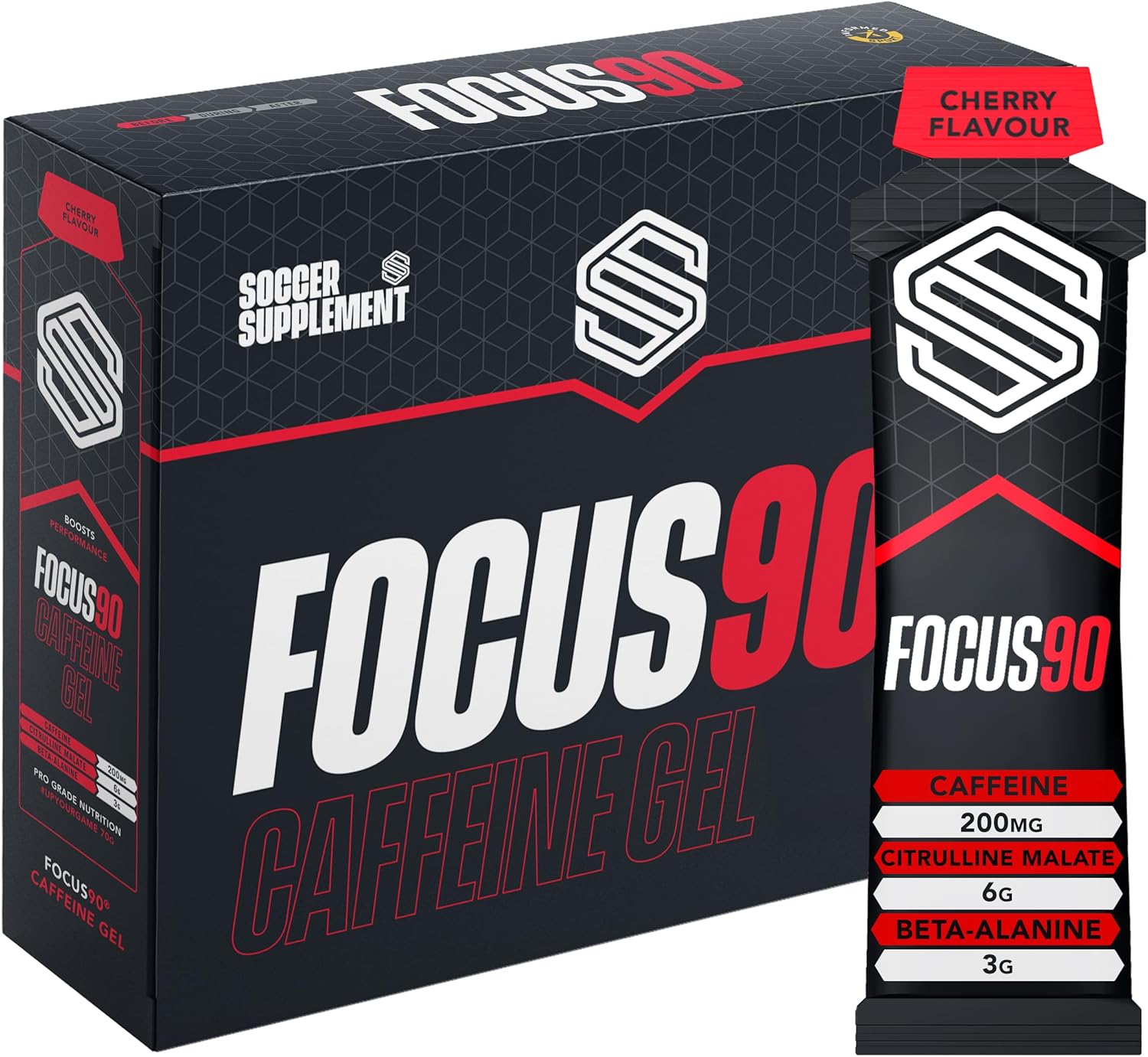 FOCUS90® Caffeine Energy Gel - by Soccer Supplement - 200mg Caffeine Per Serving, Quick Release Energy Gel Designed to Enhance Performance, 12x 70g Gels, Informed Sport Tested (Cherry)