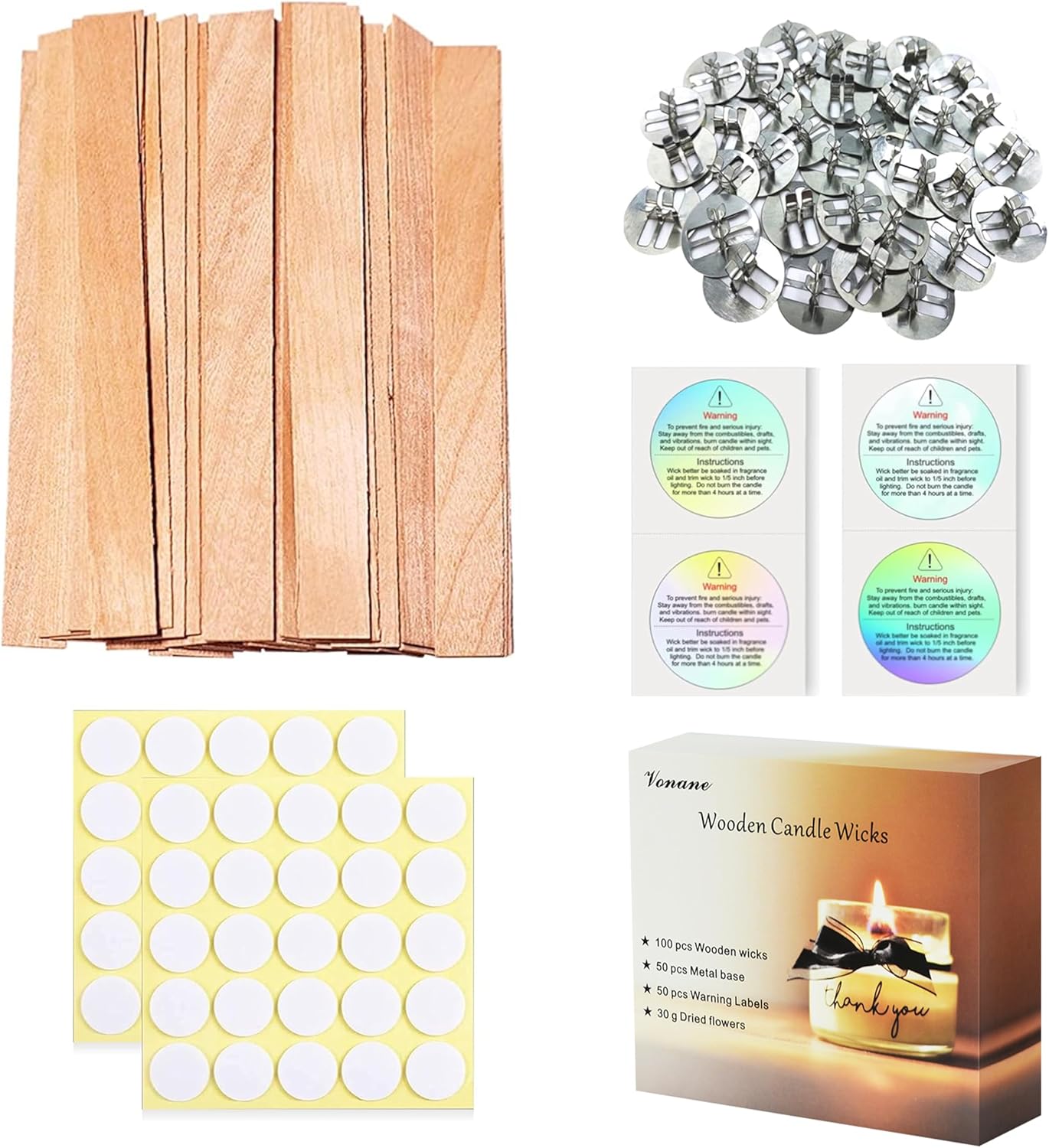 200 Pcs Thicked Wood Candle Wicks for Candle Making, 5.1 X 0.59X 0.06 Inch Upgrade Wood Wicks, Wooden Wicks Gift Box Includes Iron Stander, Glue Dot, and Warning Labels (50 Sets)