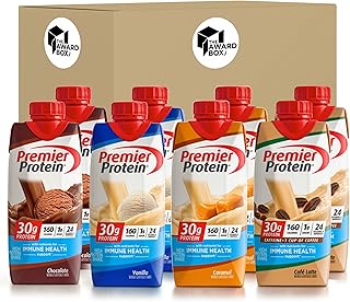 Premier High Protien Shakes Variety Sampler Pack 11 Fl. Oz Each - Cafe Latte, Chocolate, Vanilla, Caramel - 2 of Each Flavor (8 Pack) in The Award Box Packaging