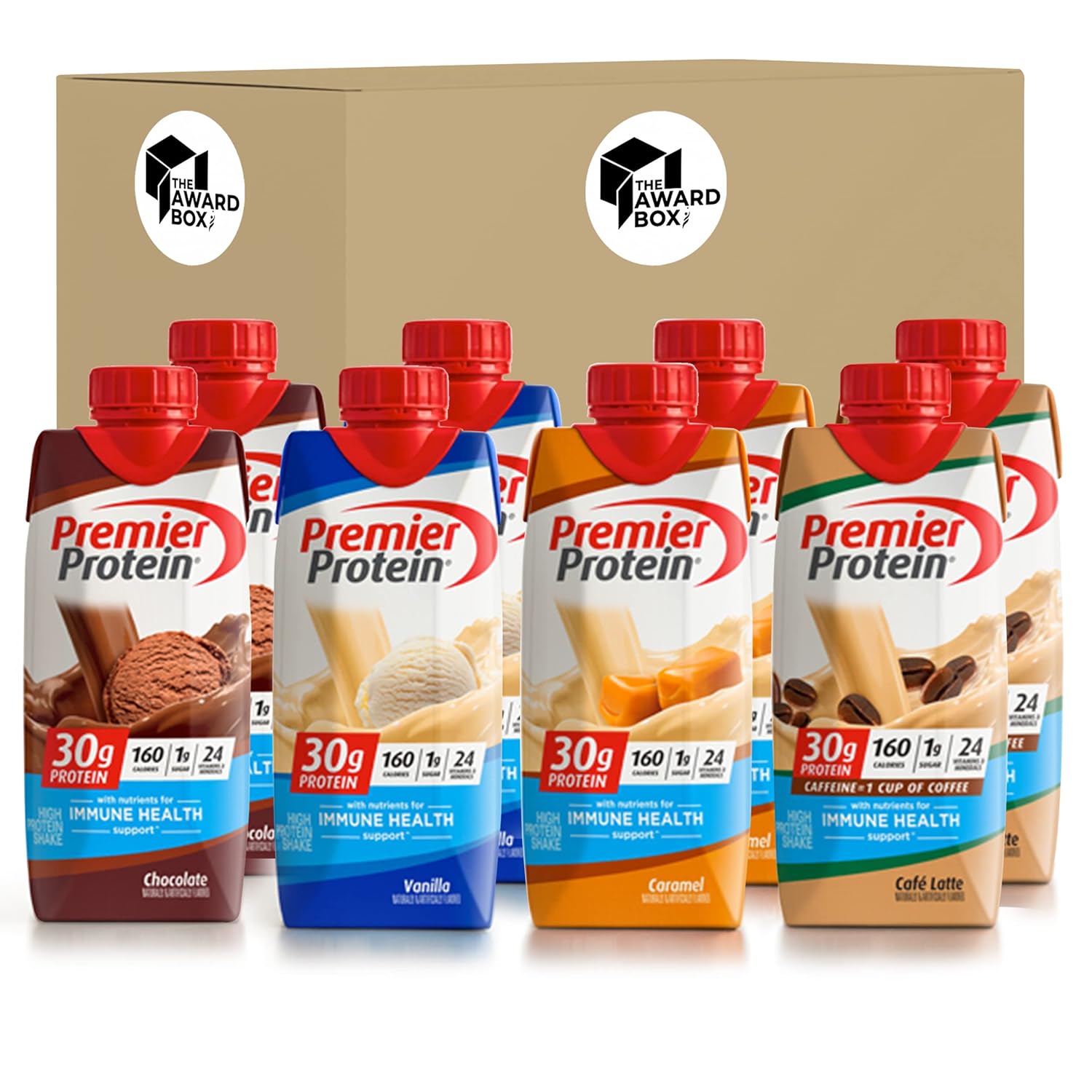 Premier High Protien Shakes Variety Sampler Pack 11 Fl. Oz Each - Cafe Latte, Chocolate, Vanilla, Caramel - 2 of Each Flavor (8 Pack) in The Award Box Packaging