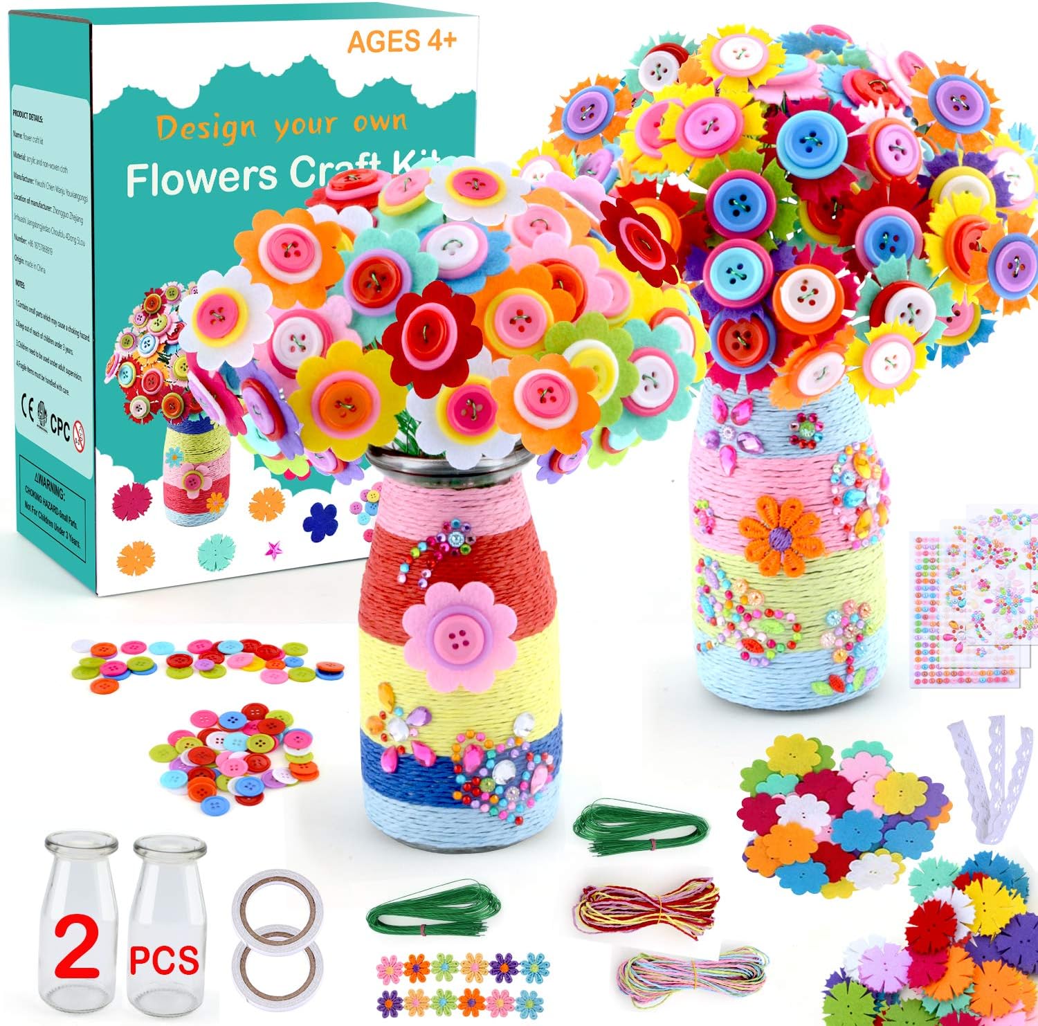 HULASO Crafts for Girls Ages 4-12 Gift Make Your Own Flower Bouquet with Buttons Felt Flowers, Easter Gifts Vase Art and Craft for Kids- DIY Activity for Boys & Girls Age 6 7 8 9 10 11 12 Year Old