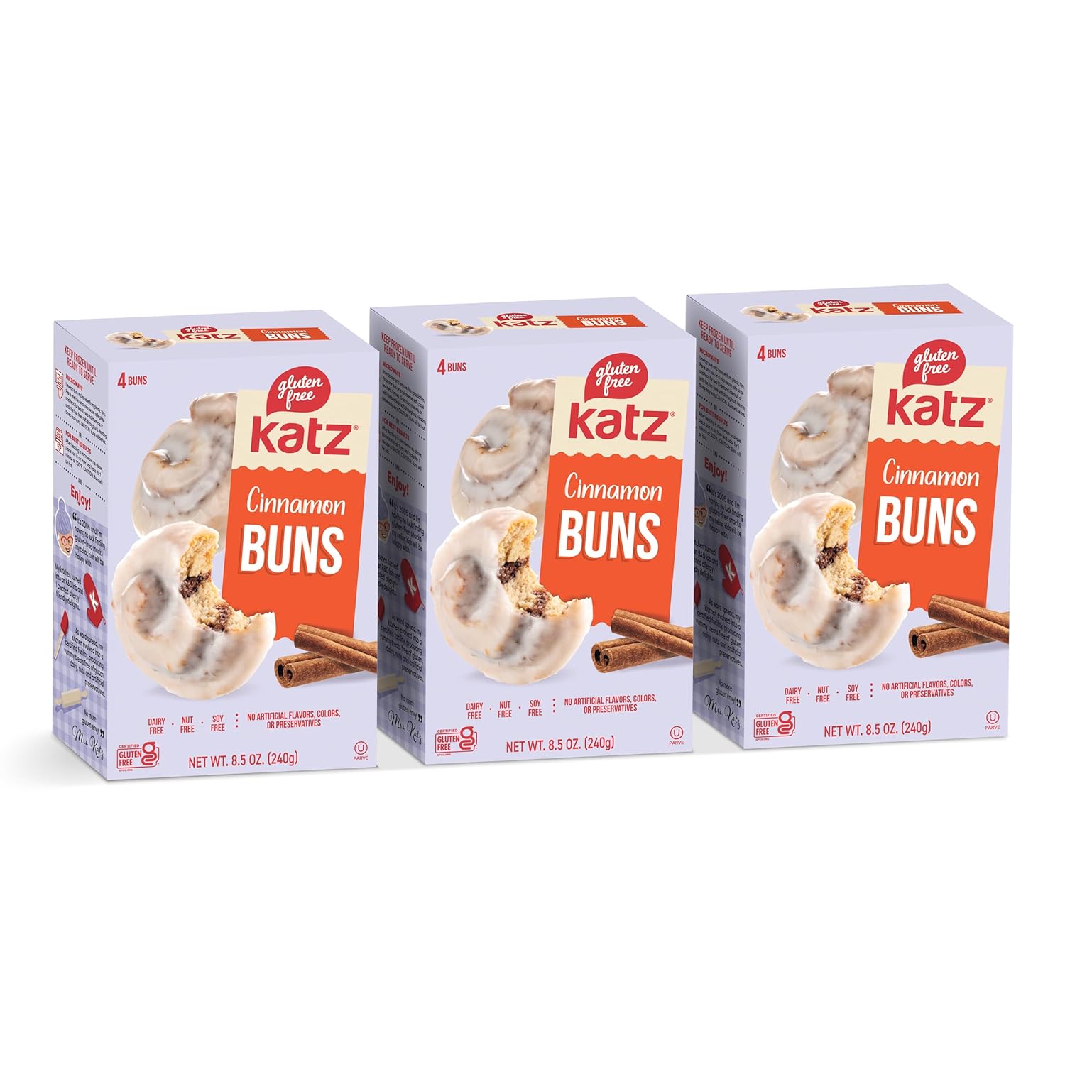 Katz Gluten Free Cinnamon Buns. Fresh Baked Buns Made With Real Cinnamon and Covered In A Sweet Glaze. Grain Free. Tree Nut Free, Peanut Free. Dairy Free. Soy Free. Kosher. 4 Individually Wrapped Cinnamon Buns 8.5 oz. (Pack of 3)