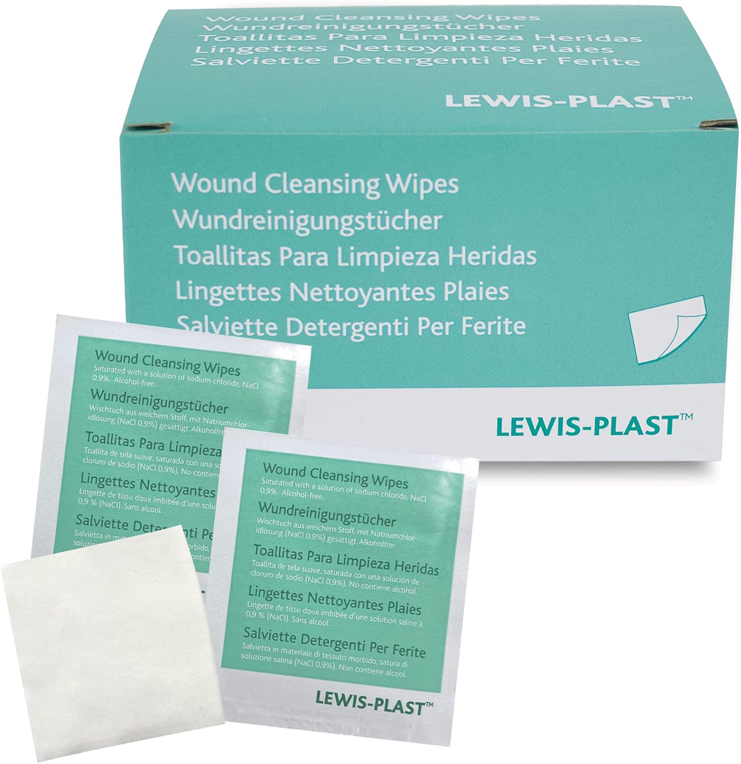 Lewis-Plast Premium Saline Sterile First Aid Alcohol Free Wipes - Box of 100 Antiseptic Antibacterial Medical Grade Cleaning Wipe for Wound, Cleansing Area Before Injection and Piercing, Green