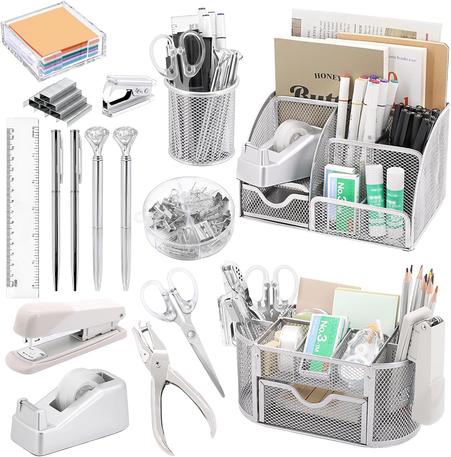 17 in1 Silvery Desk Organizers and Accessories Set, 3 Office Desk Supplies Storage Organization, 4 Pens, Stapler, Staples & Remover, Tape & Dispenser, Scissors, Ruler, Clips, Hole Punch, Sticky Holder