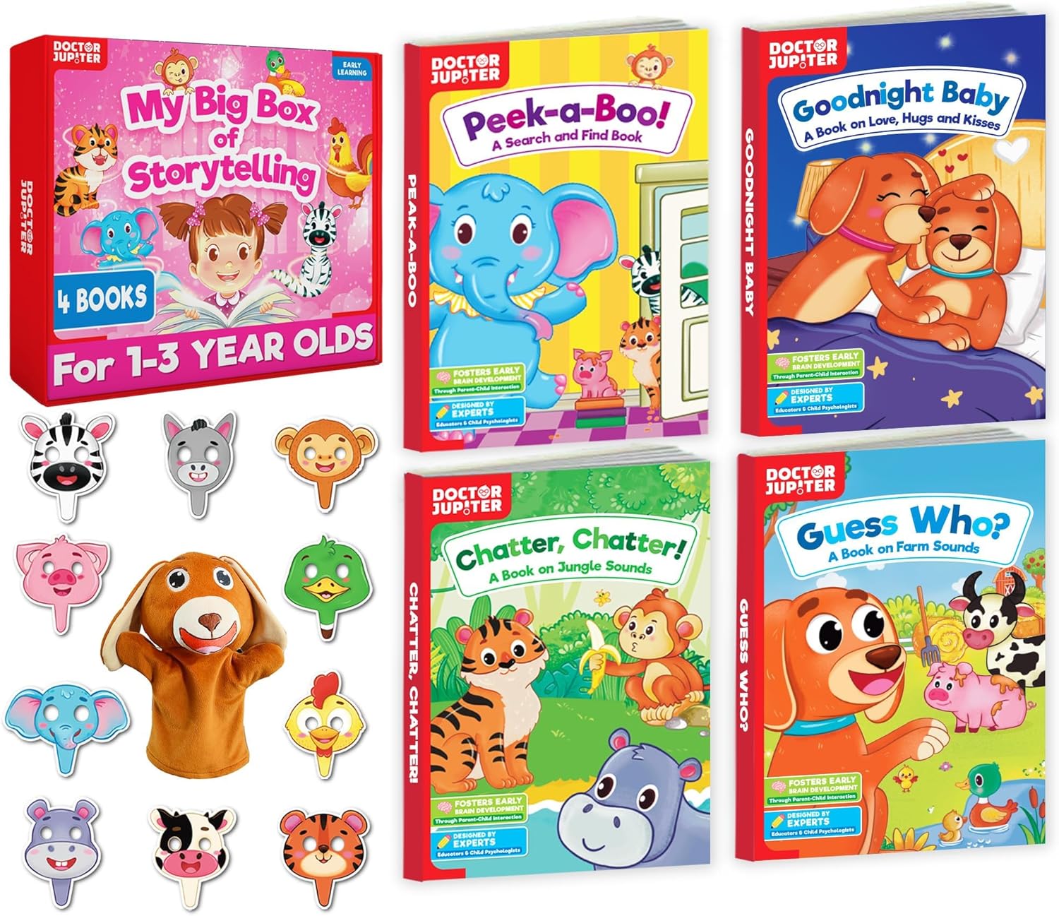 Doctor Jupiter My Big Library Set for 1-2-3 Year Old Girl Children | Birthday Gifts for Toddler Ages 1+| Children Learning Set of 4 Board Books,10 Animal Masks & 1 Hand Puppet