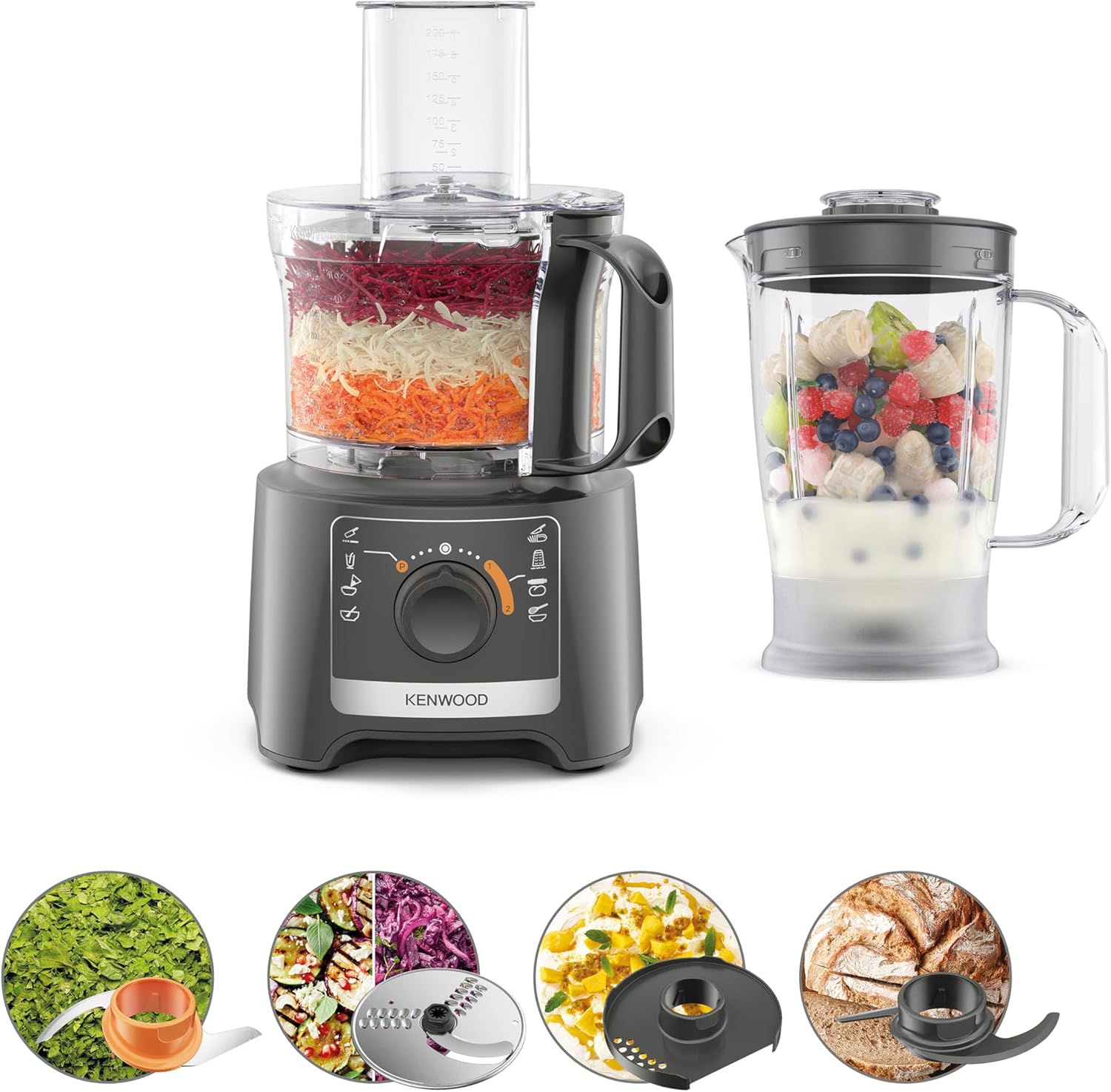 Kenwood MultiPro Compact FDP31.170GY, Food Processor with Blending Blade, Kneading Function, and Slicing Disc, 1.2L Blender, 2 Speeds + Pulse, 2.1L Bowl, 800W, Grey