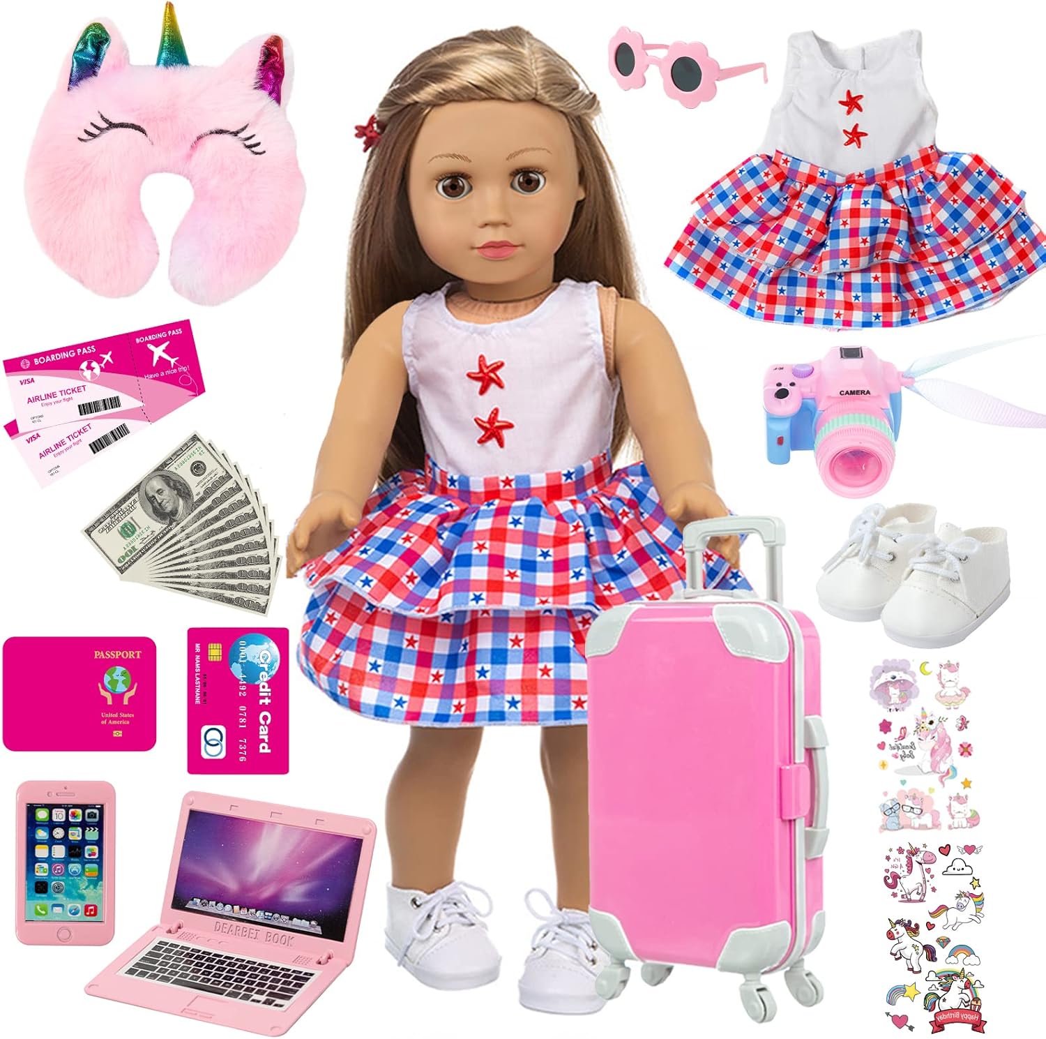 ZQDOLL American 18 inch Doll Clothes and Accessories - Travel Suitcase Play Set Including Suitcase Clothes, Shoes, Sunglasses, Camera, Unicorn Pillow, for 18 inch Doll(No Dolls)