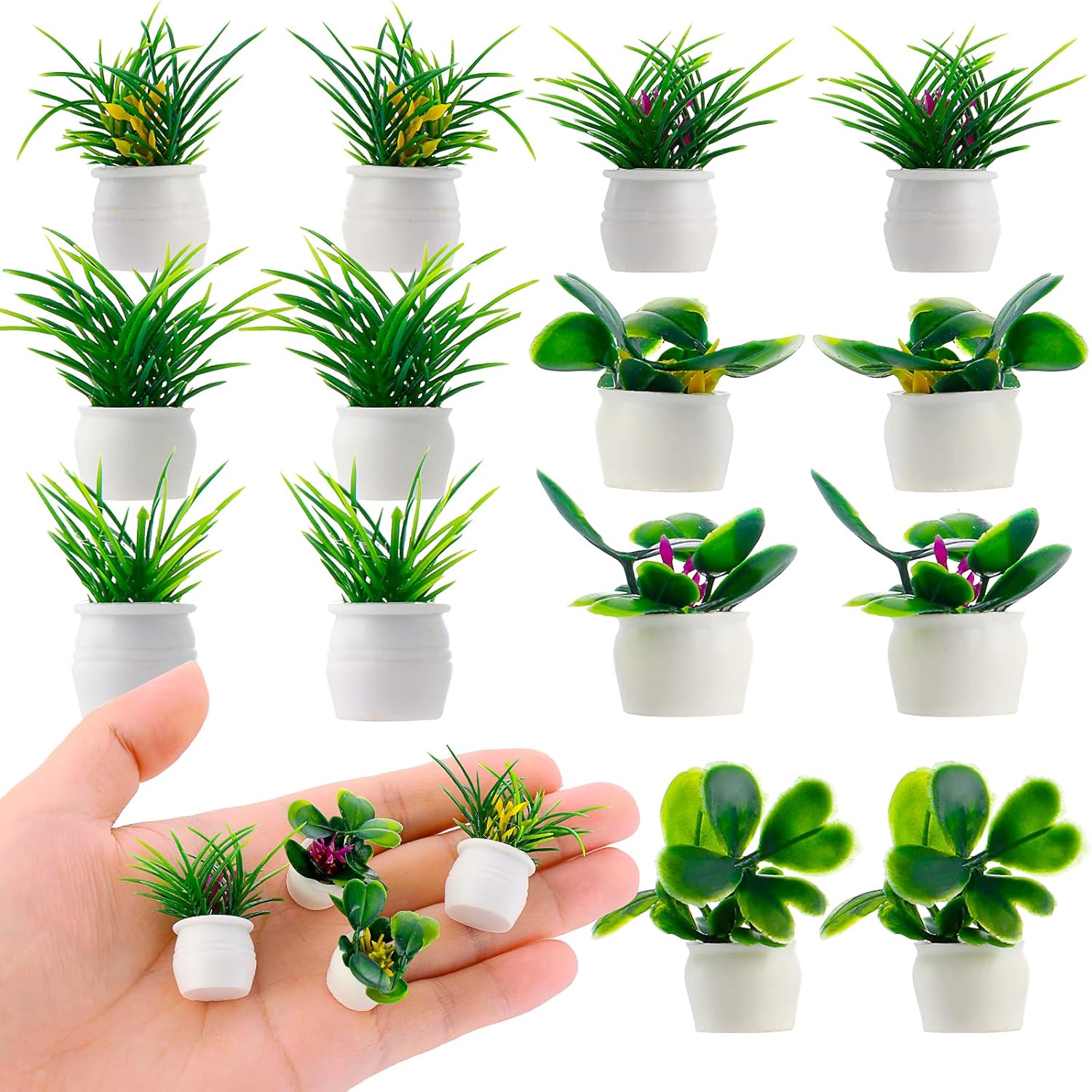 Dollhouse Miniature Bonsai Plant, 14 Pieces Doll House Mini Potted Plant Tiny Artificial Greenery Ornament Dollhouse Decoration Flower Model for Fairy Garden Accessories