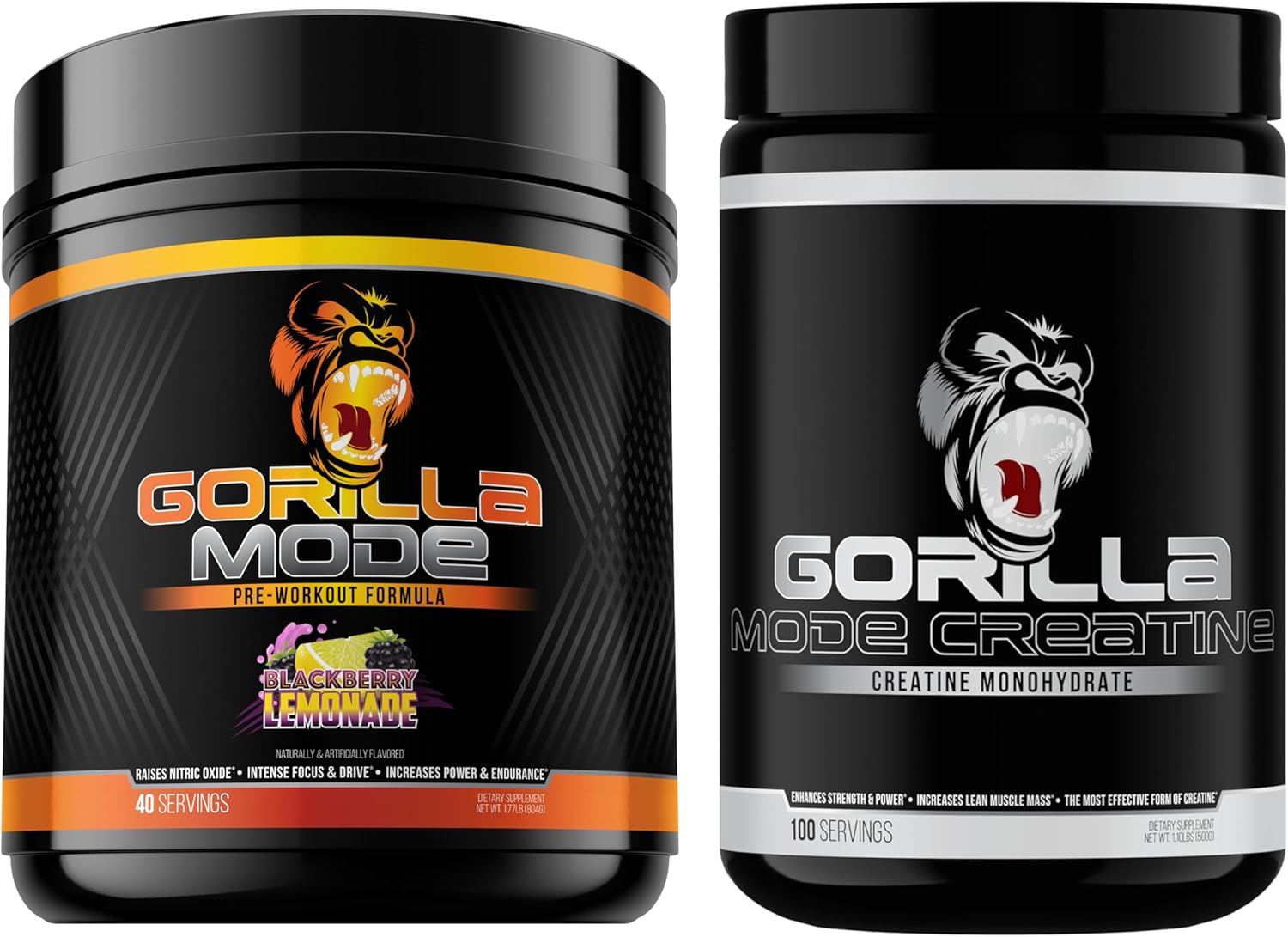 Gorilla Mind Pre Workout (BlackBerry Lemonade) + Creatine (100 Serv.) - Comprehensive Stack for Improved Strength, Power Output, and Muscle Size