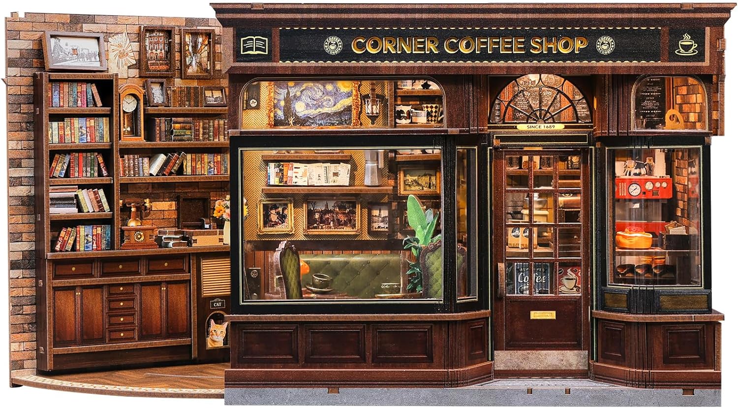 CUTEBEE Book Nook Kit - DIY Dollhouse Miniature House Kit With LED Light And Dust Cover Bookshelf | Creative Reading Corner for Book Lovers | Craft Kits Gifts for Adults (Corner Coffee Shop)