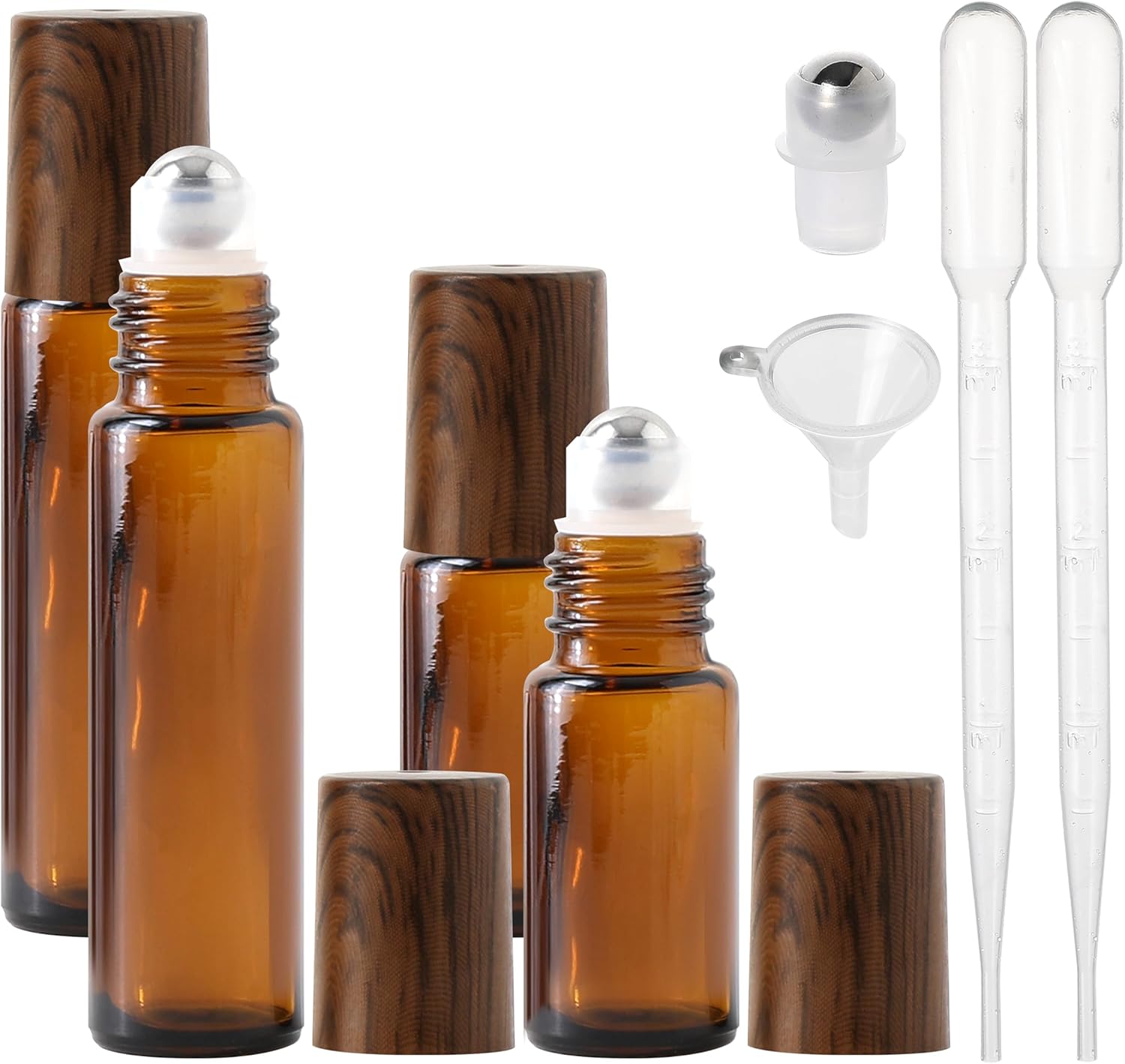 Essential Oil Roller Bottles, 4PCS (10ml & 5ml) Glass Perfume Roller Bottles with Funnel Opener and Dropper Beauty and Personal Care Tools (Amber, 4 Packs)