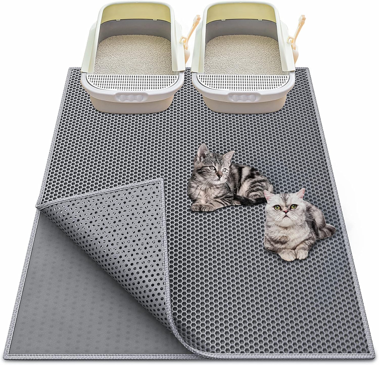 Waretary Cat Litter Box Mat: 36"x 30" Waterproof Kitty Cat Litter Trapping Mat, Easy-clean Double-layer Scatter Control Pad Rug (Grey)