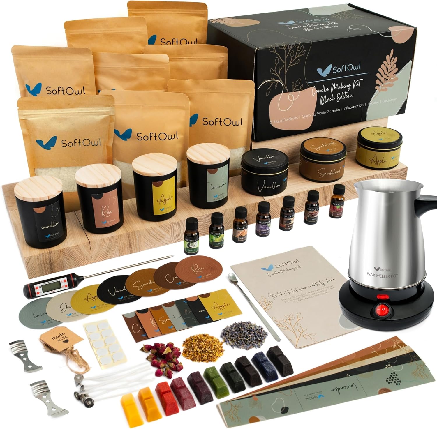 SoftOwl Premium Soy Candle Making Kit - Black Edition - Full Set with Electric Melter - Soy Wax, Big 7oz Jars & Tins, 7 Pleasant Scents, 10 Color Dyes & More - Perfect as Home Decorations