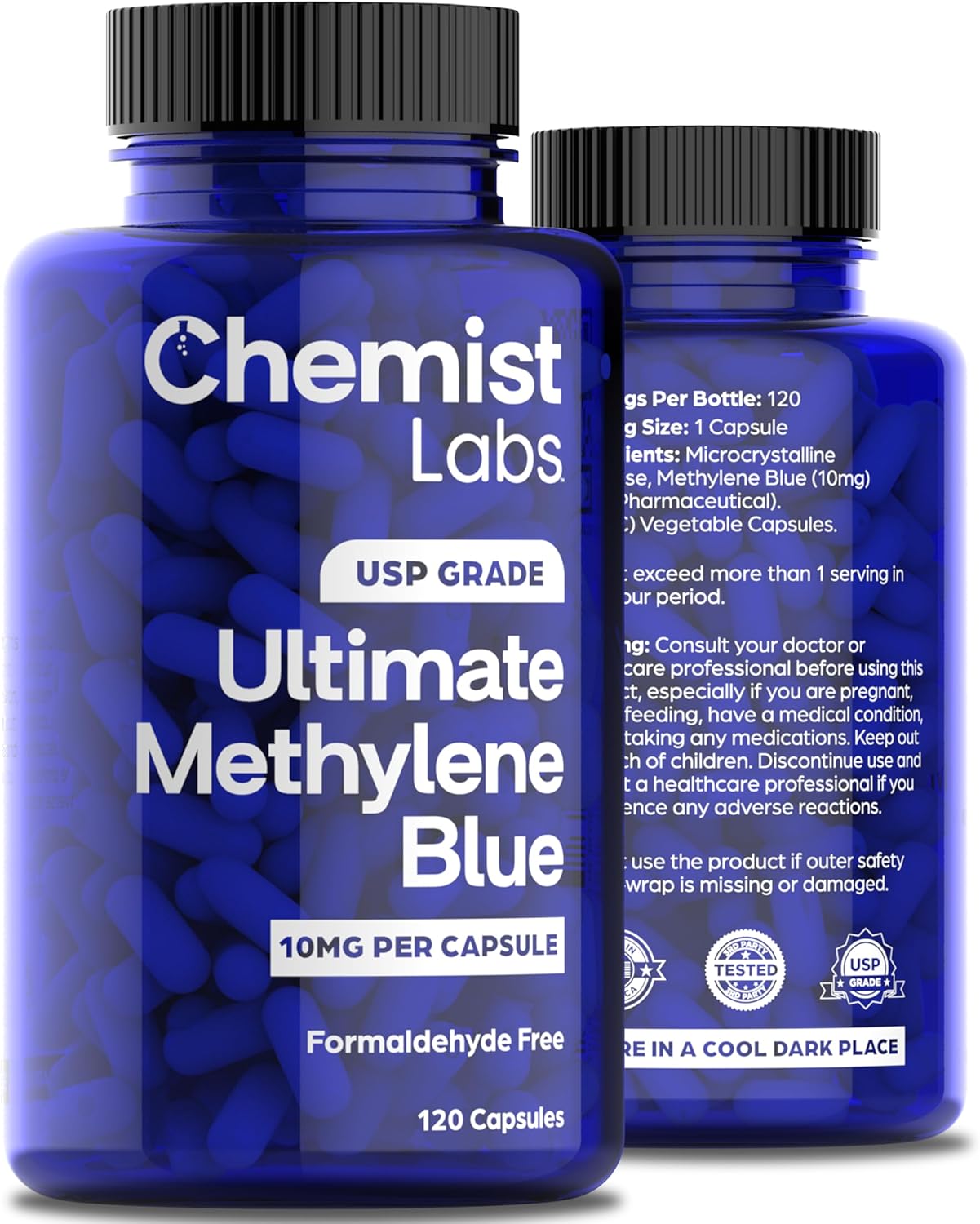 Methylene Blue Capsules for Humans - USP Grade 99% Purity, Methylene Blue Pharmaceutical Grade, Third Party Tested, Supports Cellular & Mitochondrial Function, Made in USA, 120 Count