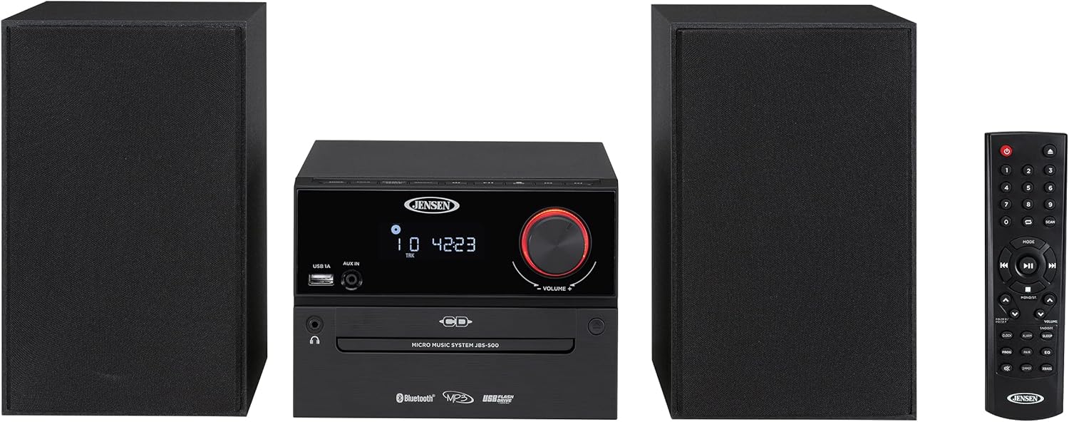 Jensen Home Speaker JBS-500 Premium Bluetooth Wireless 30W Stereo Music System CD Player, MP3 USB, Audio in, Headphone Jack, FM Radio, (Matte Black)