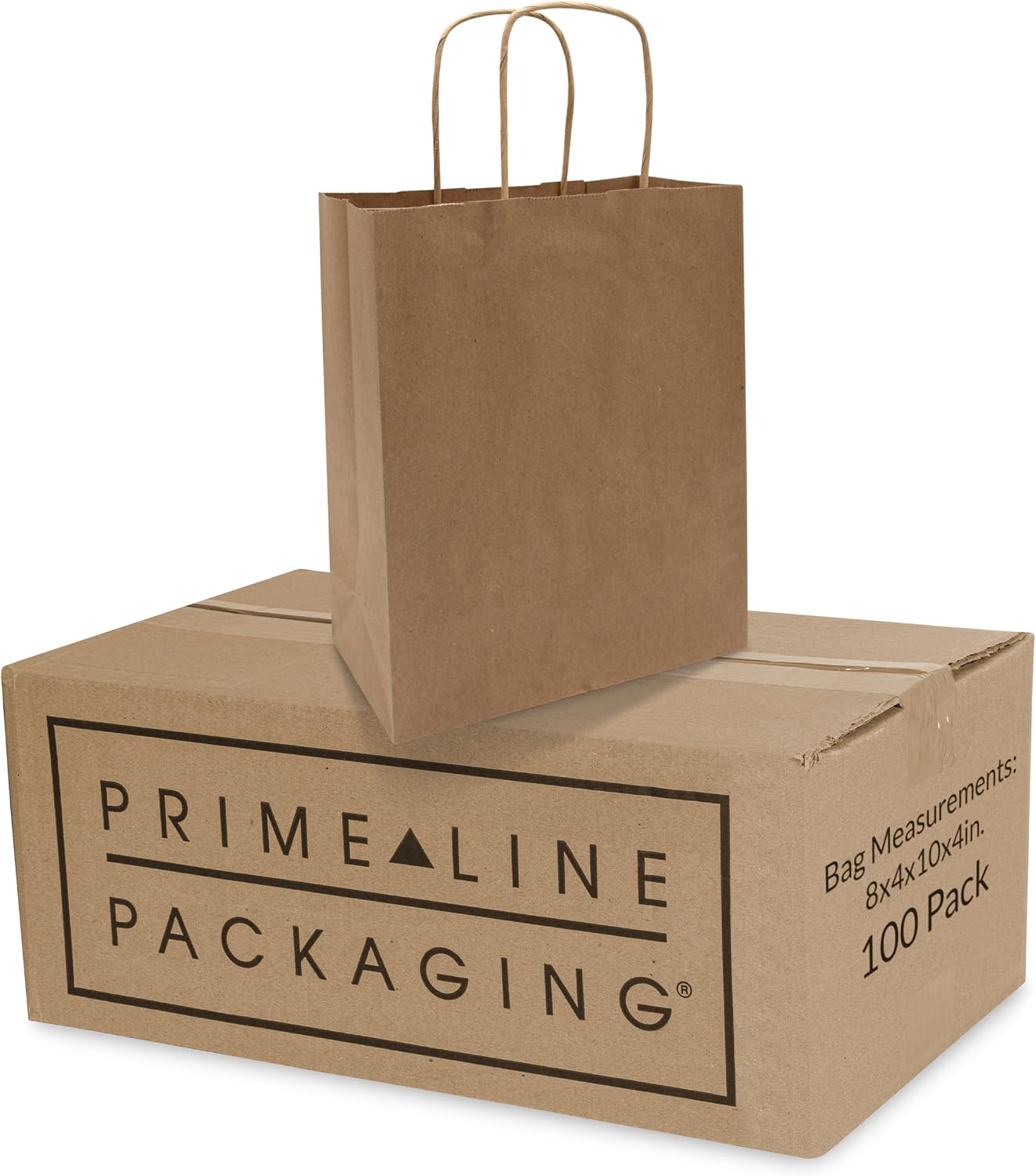 Prime Line Packaging Brown Paper Bags with Handles, 8x4x10 Inch, 100 Pack