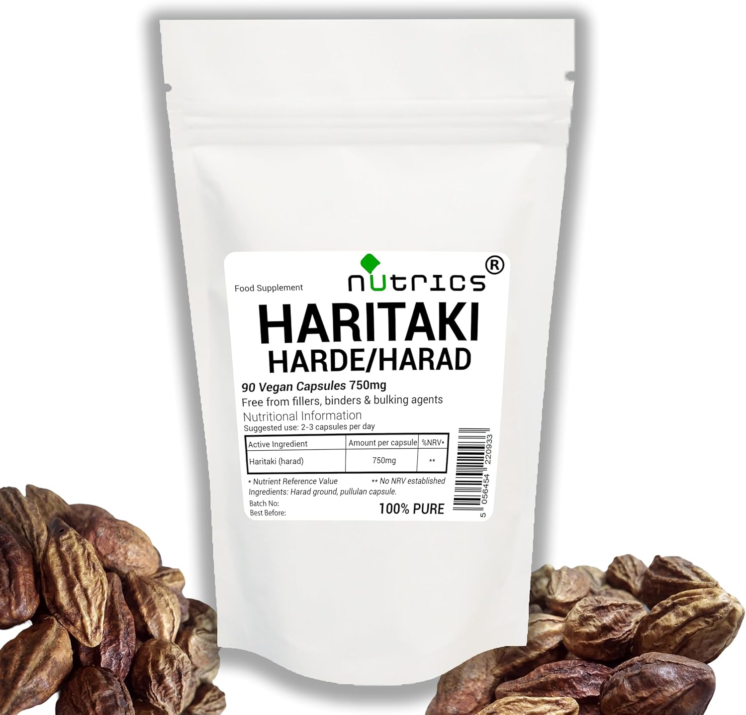 Nutrics® 750mg (per Capsule) HARITAKI Harad Harde Hareer Pure 90 Vegan Capsules (1 Month Supply) - Terminalia Chebula - Vegan Vegetarian - Free from fillers, Binders & Bulking Agents