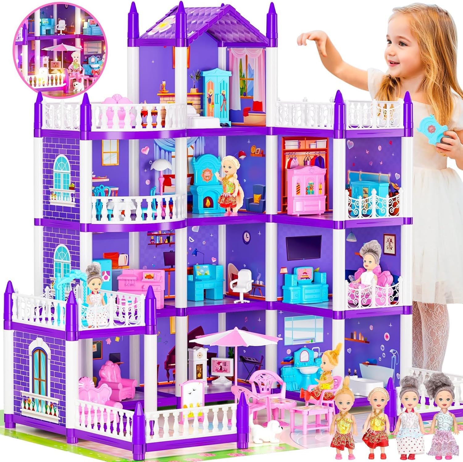 Doll Houses for Girls, Playhouse 4-Story 11 Rooms with 4 Dolls & Furniture Accessories & Flashing Lights, Princess Doll House Toy Toddler Birthday Gift for 3 4 5 6 7 8 Year Old (Purple)