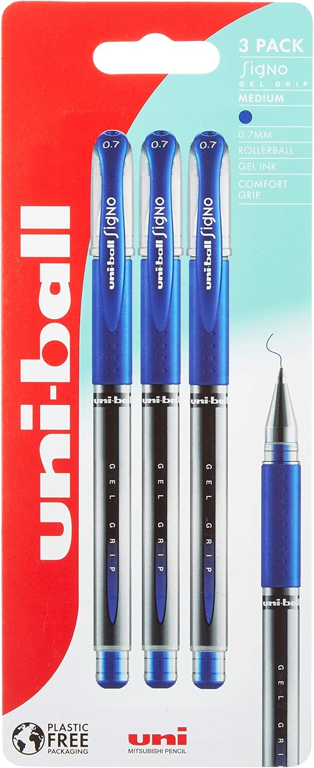 Uni-Ball UM-151S Gel Grip Rollerball Pens. Premium Medium 0.7mm Ballpoint Nib for Super Smooth Handwriting, School, Journaling and Note Taking. Fade & Water Resistant Uni Super Ink. Pack of 3 Blue