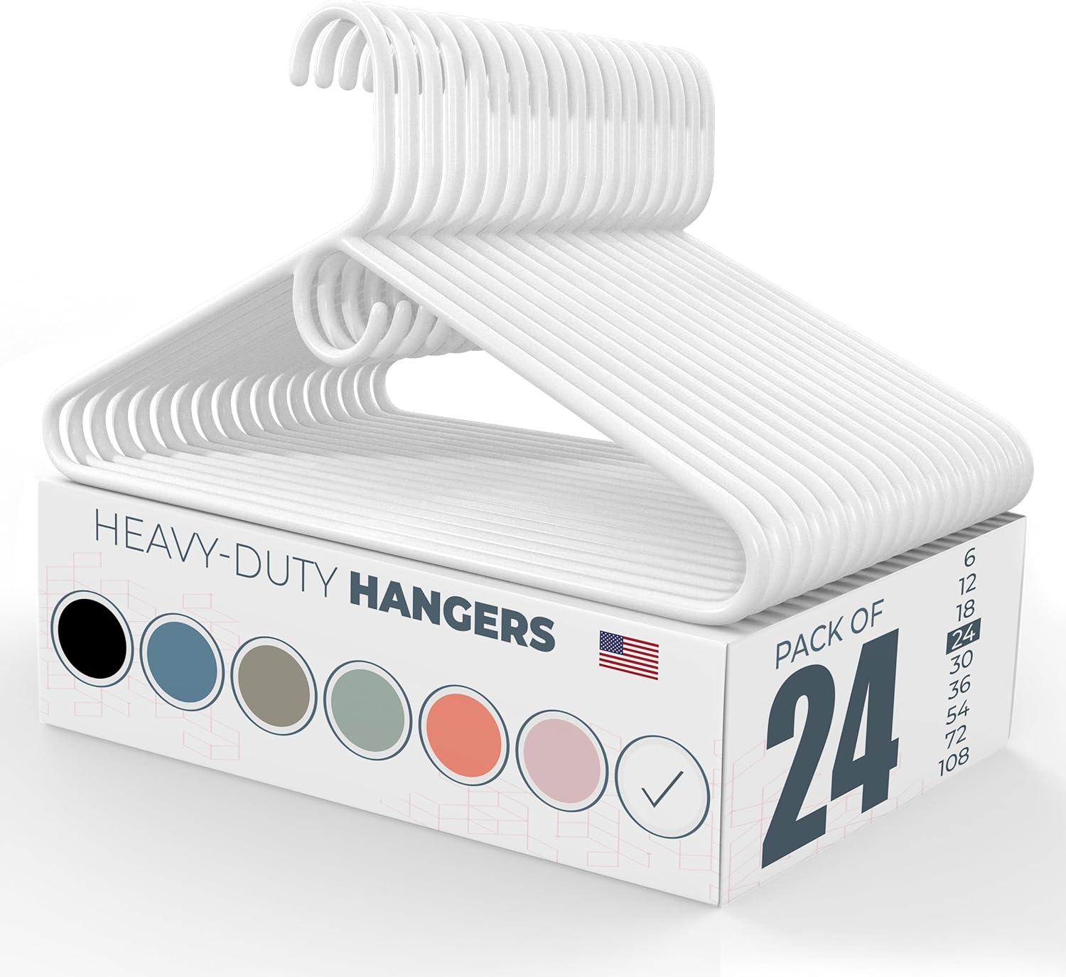 Made in USA Heavy Duty Plastic Clothes Hangers Bulk, 20 30 50 100 Pack Available, Strong Plastic Hangers, Jacket Coat Hangers, Thick Plastic Hanger for Closet and Clothing Hangars (24pk White)
