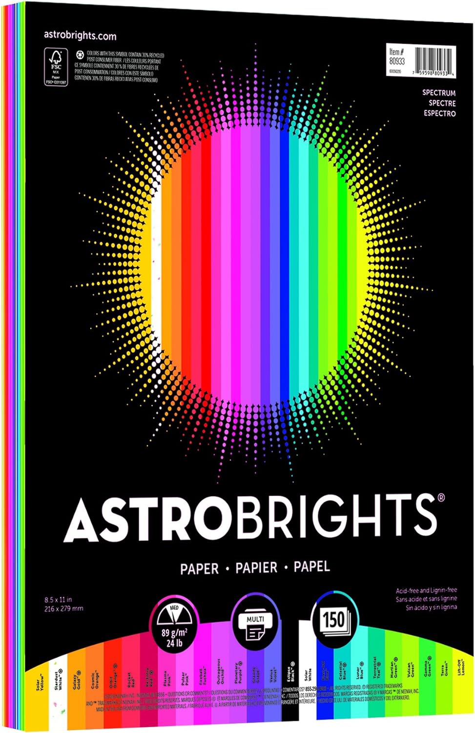 Astrobrights Color Paper, 8.5” x 11”, 24 lb/89 gsm, Spectrum 25-Color Assortment, 150 Sheets (80933-01)
