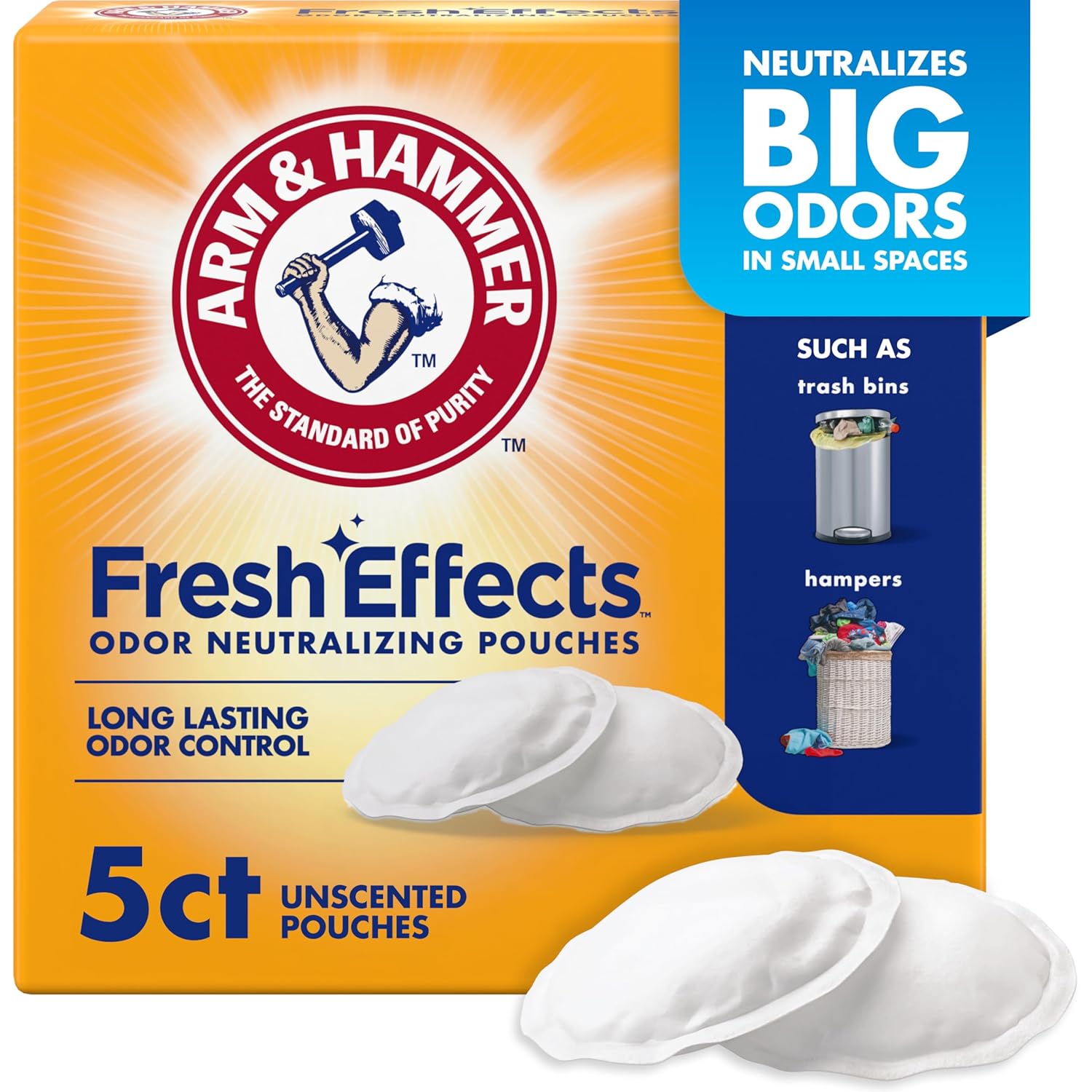 Arm & Hammer Fresh Effects Odor Eliminating Baking Soda Pouches, Unscented Deodorizer for Long Lasting Freshness in Shoes, Gym Bags, & Small Spaces, 5 count