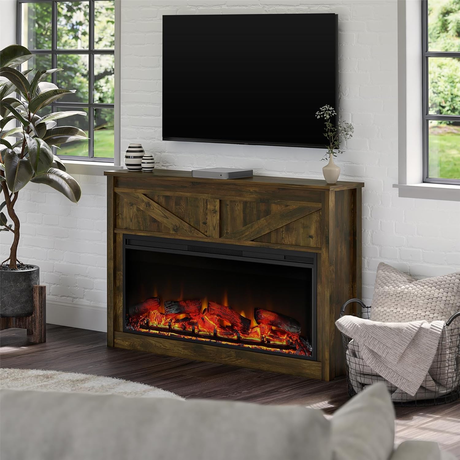 Ameriwood Home Farmington 49 Inch Electric Fireplace with Mantel, Replaceable Fireplace Insert Heater. Remote Control, Timer, Realistic Log and Flame Effect, Century Barn Pine