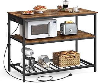 VASAGLE Kitchen Island with 3 Shelves, 47.2 Inches Width Kitchen Shelf with Power Strip, Large Worktop, Stable Steel Structure, Industrial, Easy to Assemble, Rustic Brown and Black UKKI101K01