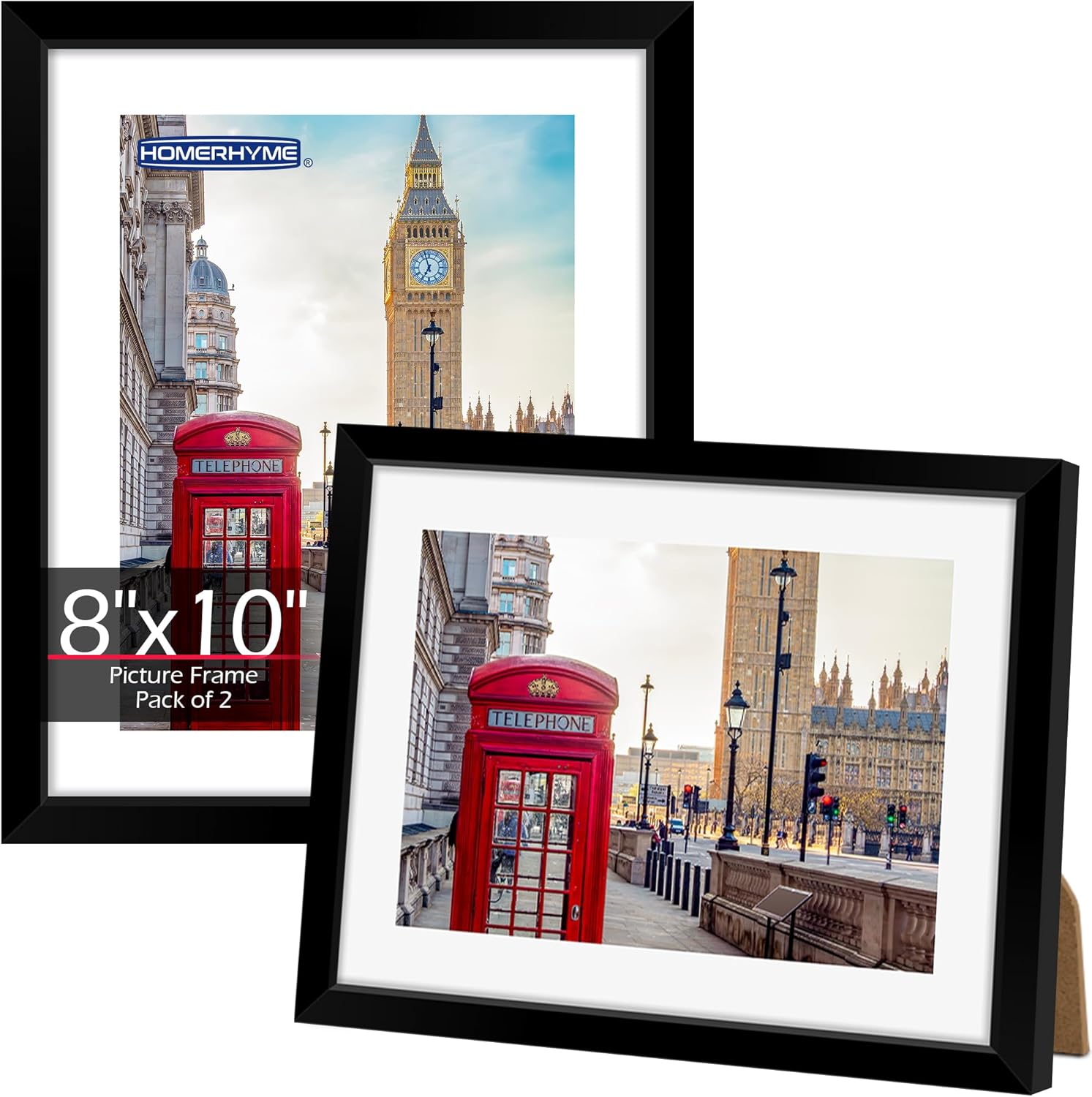 HOMERHYME 8x10 Picture Frame, Set of 2 Black Photo Frame for Tabletop or Wall Display, Fits Pictures 5x7 with Mat or 8x10 Without Mat, Poster Frame Collage with HD Plexiglass for Gallery Wall Home Decor