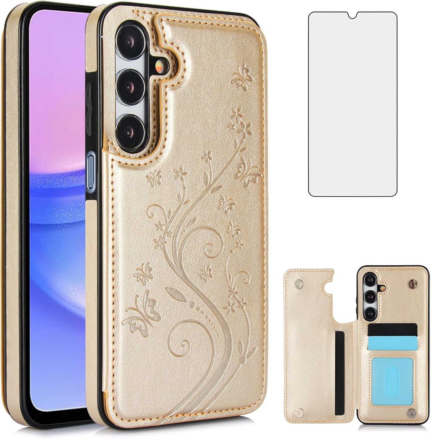 Asuwish Phone Case for Samsung Galaxy A15 5G/4G with Tempered Glass Screen Protector Card Holder Wallet Cover Stand Flip Leather Cell Accessories Glaxay A 15 15A SM A156B A155F Cases Women Men Golden