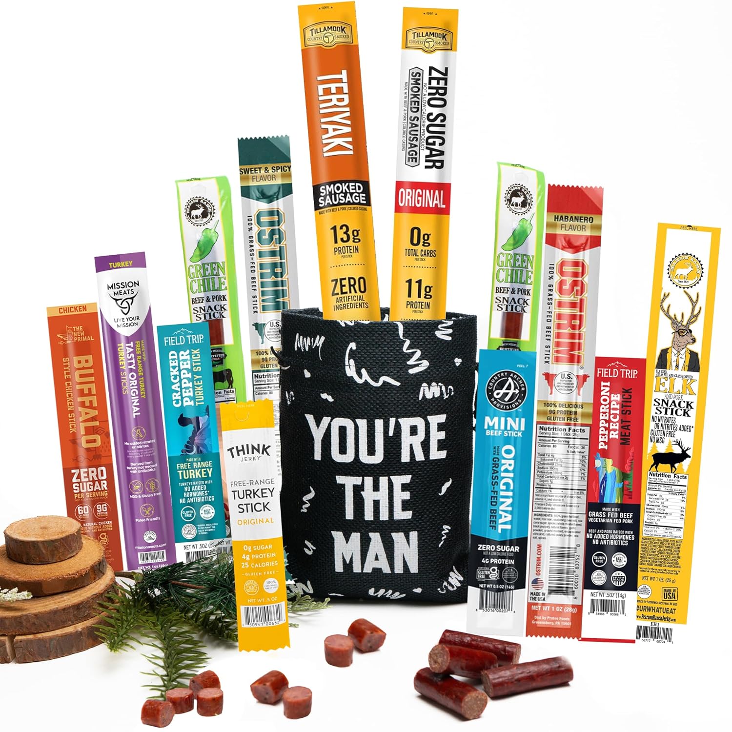 Jerky Sticks Gift for Men - Curated Assortment of High Protein Snacks - Alternative to Beef Jerky Gift Basket - Beef & Turkey Jerky Variety Pack Gift Set, Exotic Meat Gift for Men & Women