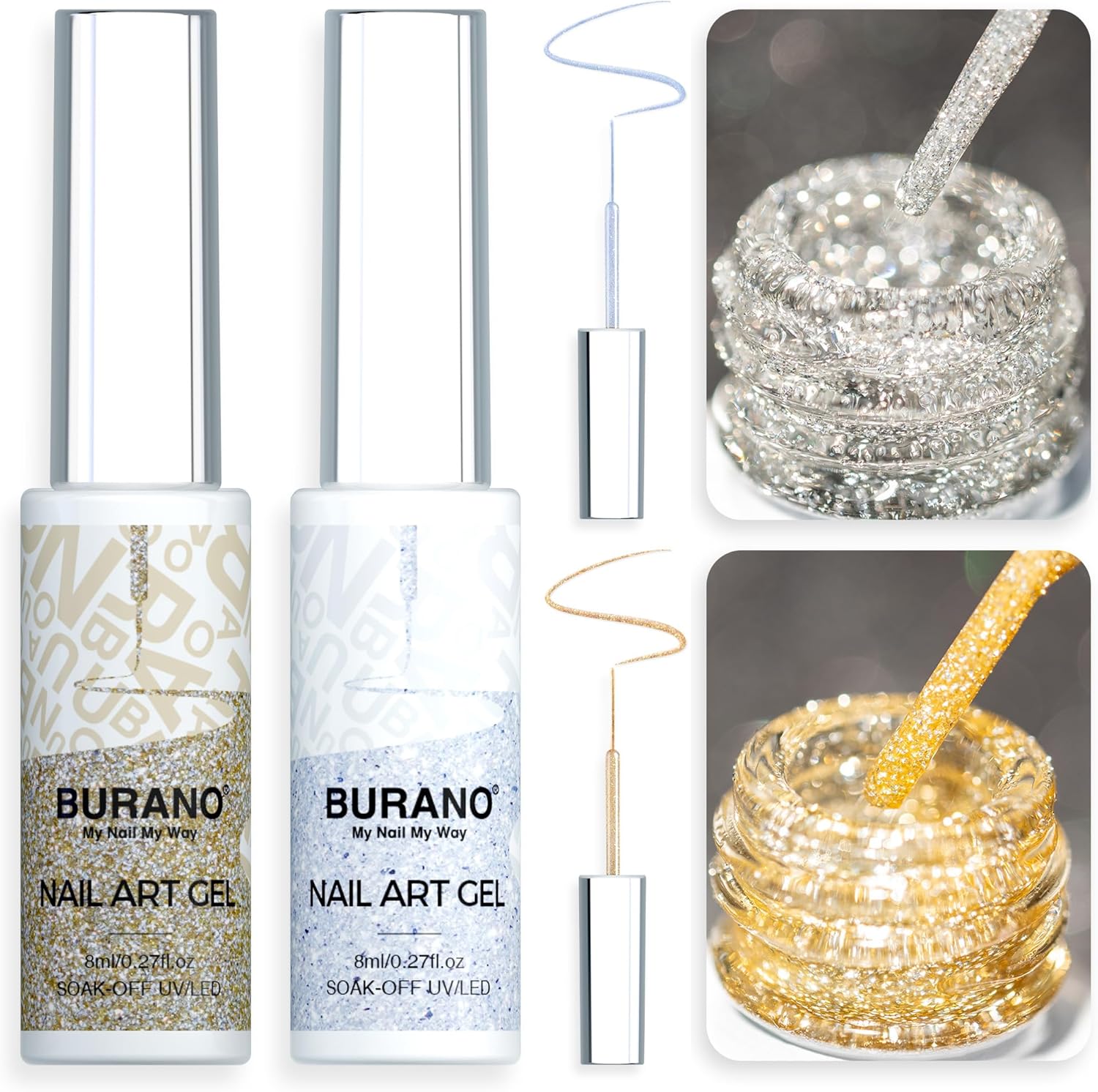 BURANO Holographic Gel Nail Polish Liner Art Set - Silver Gold Reflective Glitter Design Polish, 2 Bottles 8ml With Built-in Thin Brush, Curing Required LX17 LX13