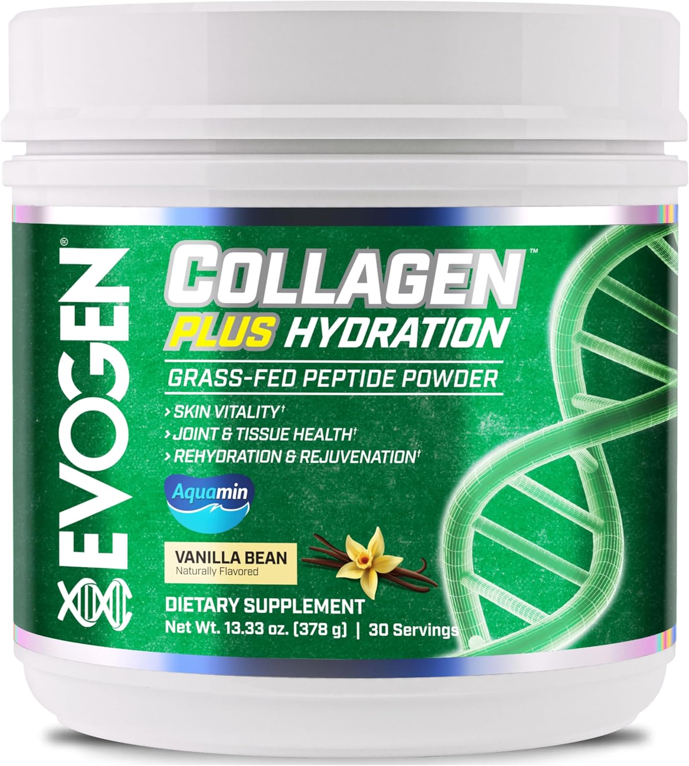 Evogen Collagen Plus Hydration - Grass-Fed Collagen for Women & Men | Collagen Peptides Powder | Collagen Powder Supporting Skin Vitality, Hydration, Joint & Tissue Health | Vanilla Bean | 30 Servings