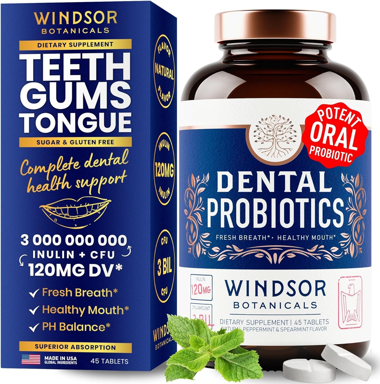 Oral Probiotics for Teeth and Gums - 3BN CFU Lactobacillus Salivarius Acidophilus Rhamnosus Streptococcus - Bad Breath Treatment for Adults - 45 Chewable Mint Dental Probiotic Tablets for Women & Men