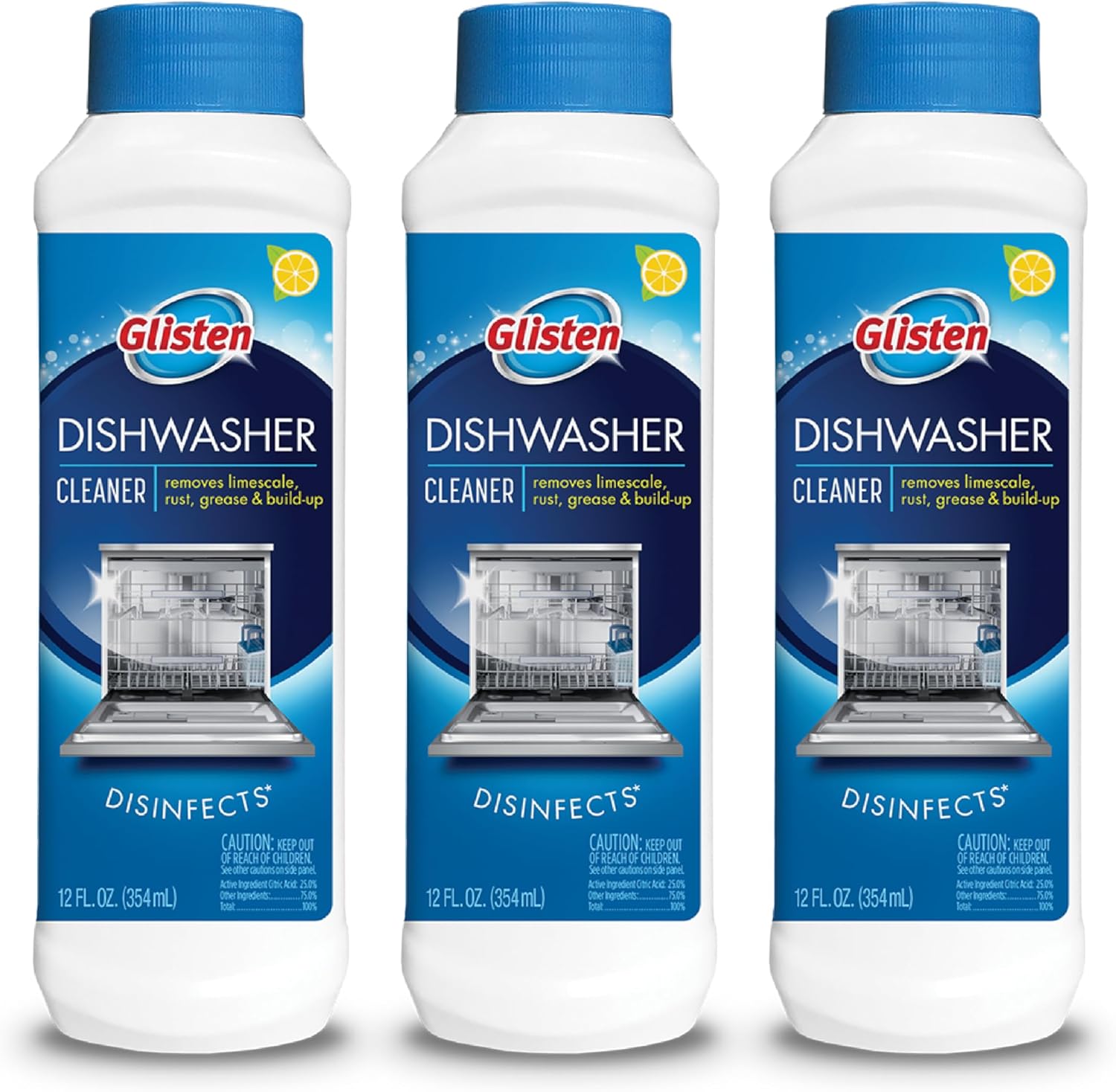 Glisten Dishwasher Cleaner, Removes Limescale, Rust, Buildup, and Grease, Lemon Scent, 12 Ounce Bottle, 3-Pack