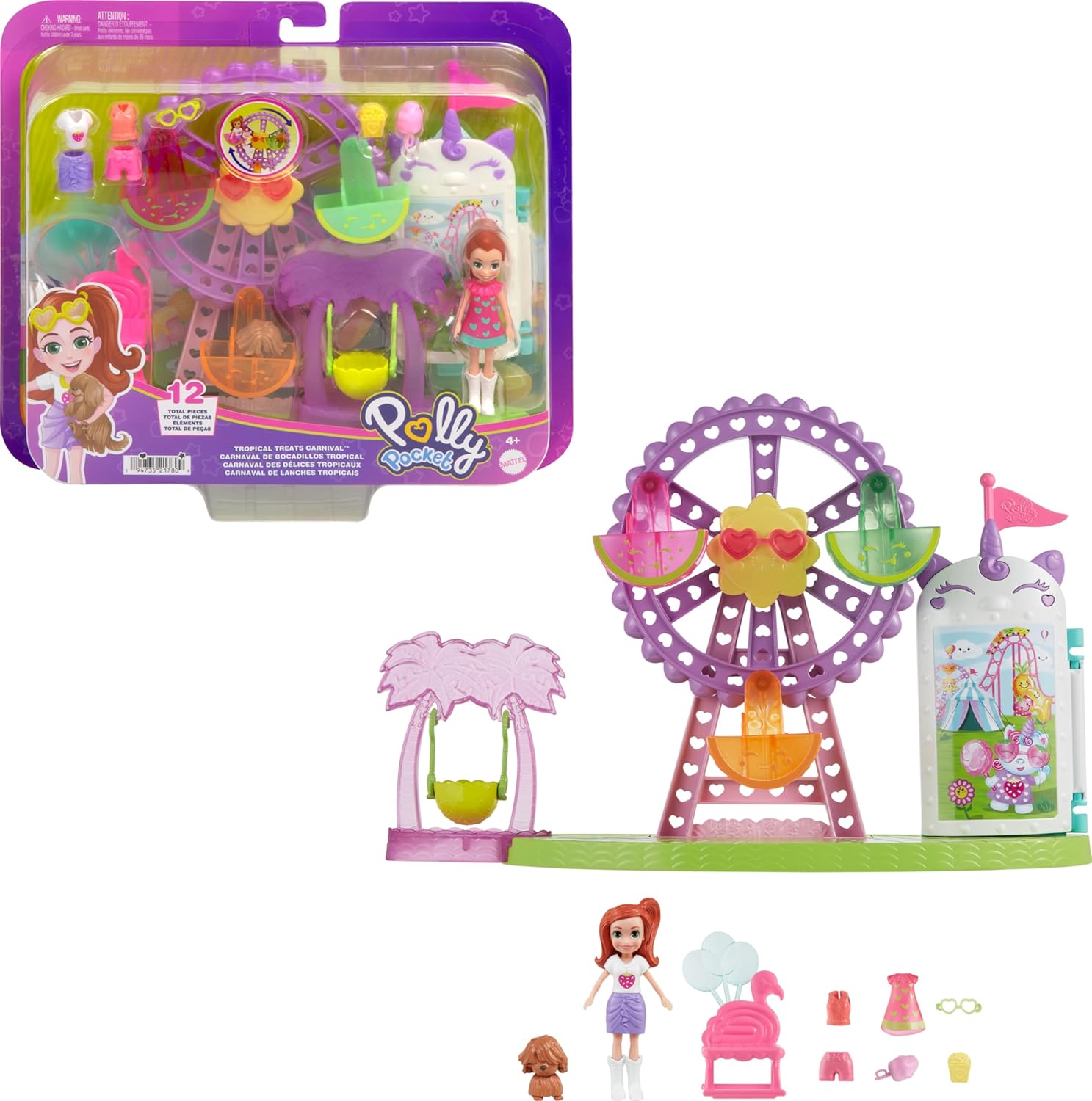Polly Pocket Doll and Playset, Tropical Treats, Carnival Food Toy, Contains 3" Doll, 1 Puppy, 10 Accessories and a Big Spider Wheel