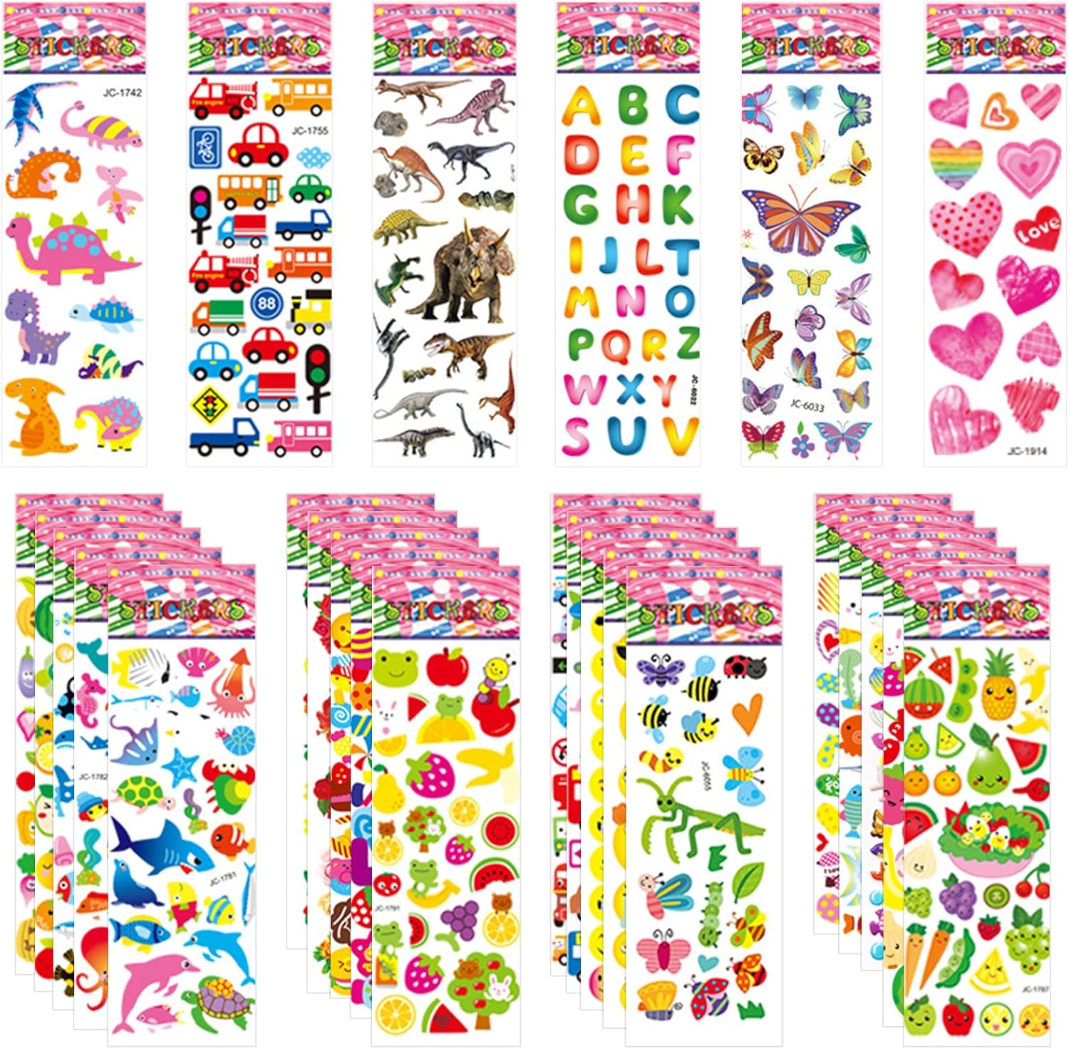 Jsdoin 50 Sheets Puffy Stickers for Kids, 1000+ Children 3D Stickers Party Bag Filler for Party Rewarding Gifts Scrapbooking Including Animals Letter Fish Dinosaurs Numbers Fruits Trucks Airplane