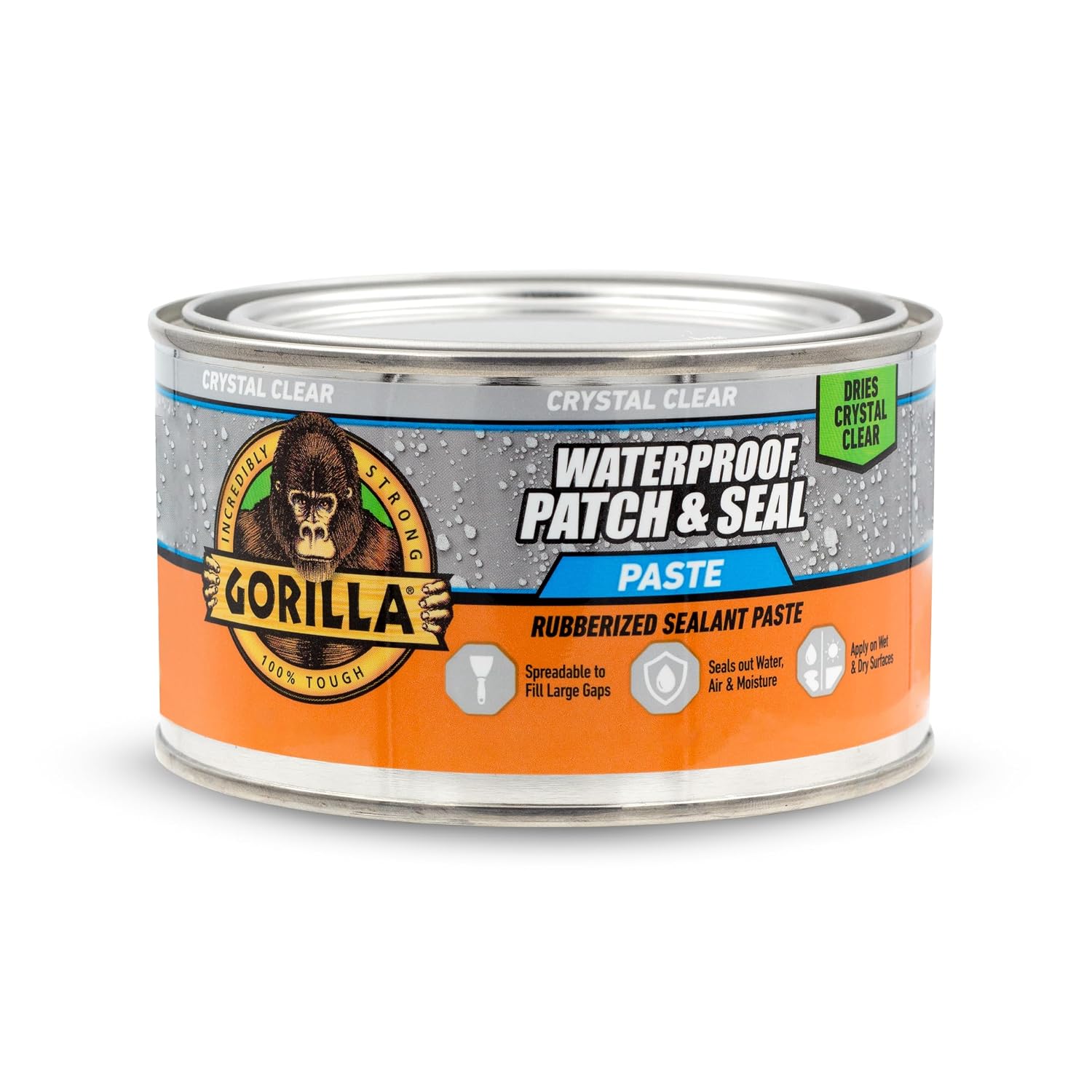 Gorilla Waterproof Patch & Seal Rubberized Sealant Paste, 12.8 Ounce Can, Clear (Pack of 1) - Stops Leaks, Flexible Gap & Crack Filler, Shrink & Mildew Resistant, Paintable